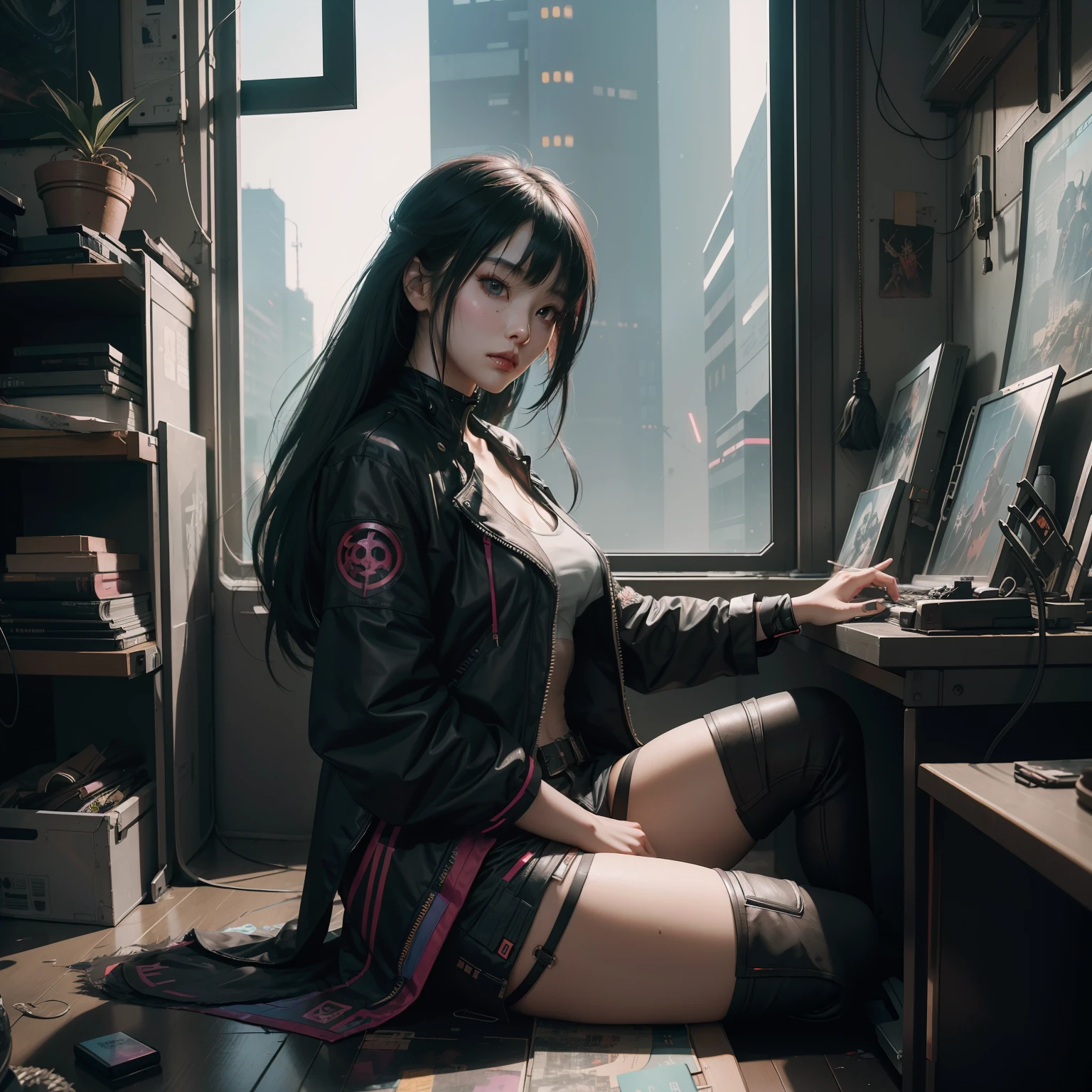 Beautiful hyperrealistic photograph of cute asian cyberpunk girl, sitting on floor, wearing cyberpunk clothes, cluttered Blade Runner apartment, concept art, By Brian Froud and Carne Griffiths and Wadim Kashin and John William Waterhouse, intricate detail, 8k post-production, High resolution, super Detail, trending on ArtStation, sharp focus, studio photos, intricate detail