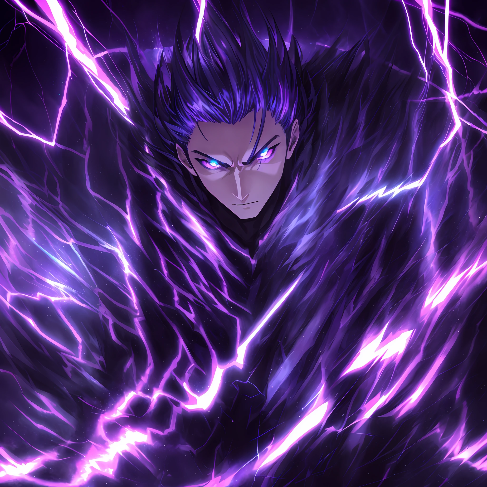 a close-up of a person with a purple and blue background full of lightning, glowing black aura, evil aura, 8k anime, an epic anime of a being with lightning powers, epic anime style, menacing aura, aura of darkness, evolving into his final form, glowing power aura, cosmic power glowing and flourishing, many lightning bolts surrounding the character