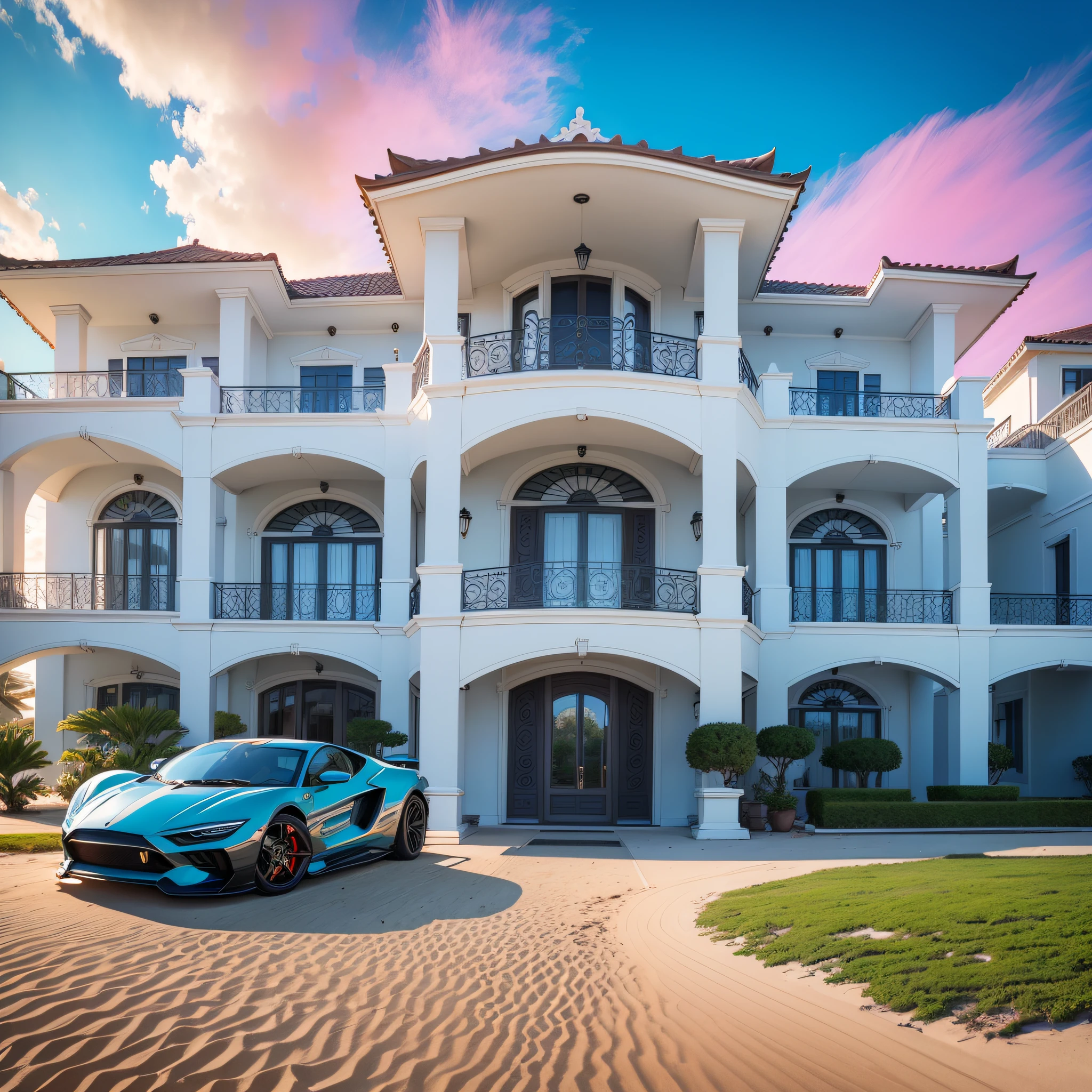 Facade of super mansion on the beach seen from afar with super car in the middle in front of the house, photo with strong and vibrant colors, beach --auto --s2