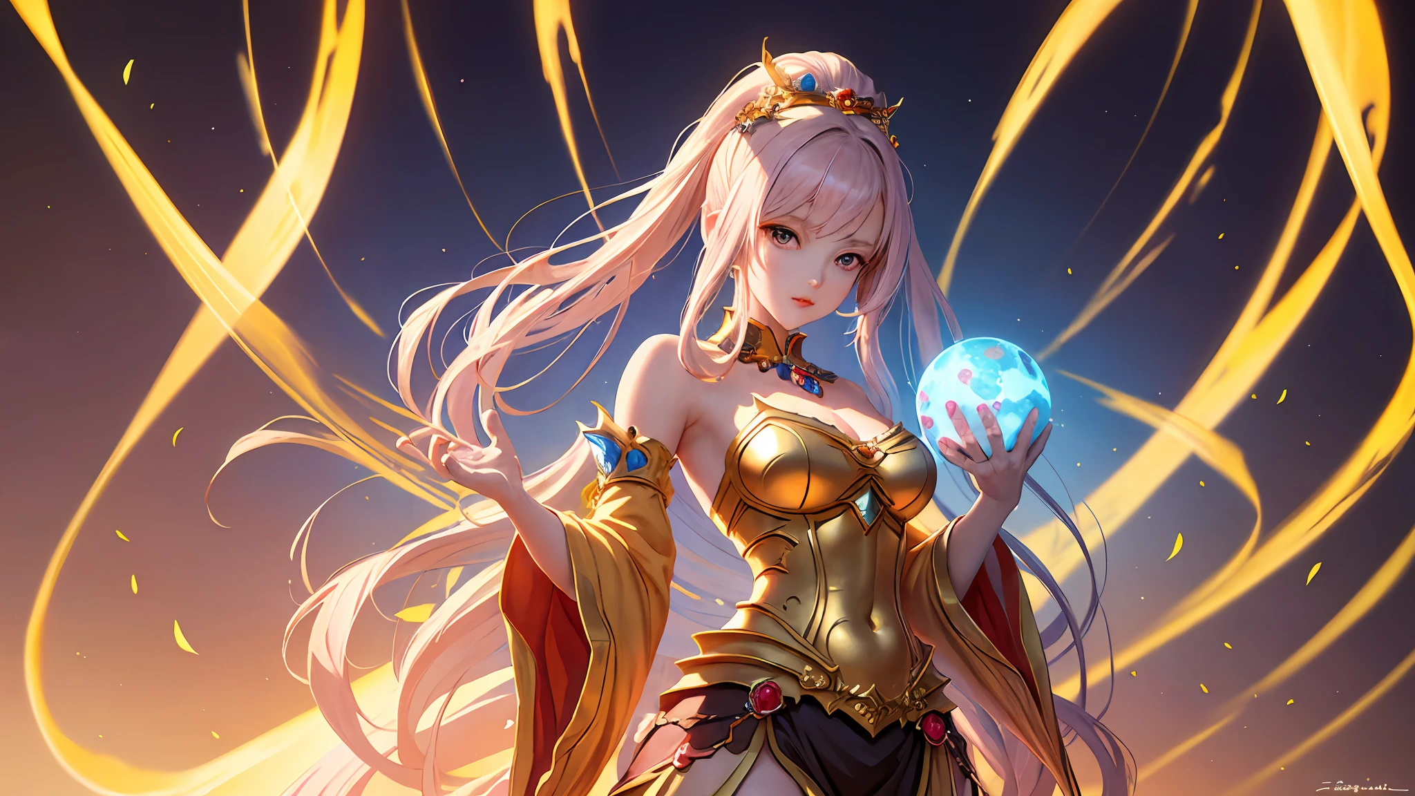 a painting of a woman in a costume holding a ball, a beautiful fantasy empress, extremely detailed artgerm, 8k high quality detailed art, anime goddess, by Yang J, ((a beautiful fantasy empress)), beautiful character painting, style of artgerm, 2. 5 d cgi anime fantasy artwork, artgerm. anime illustration