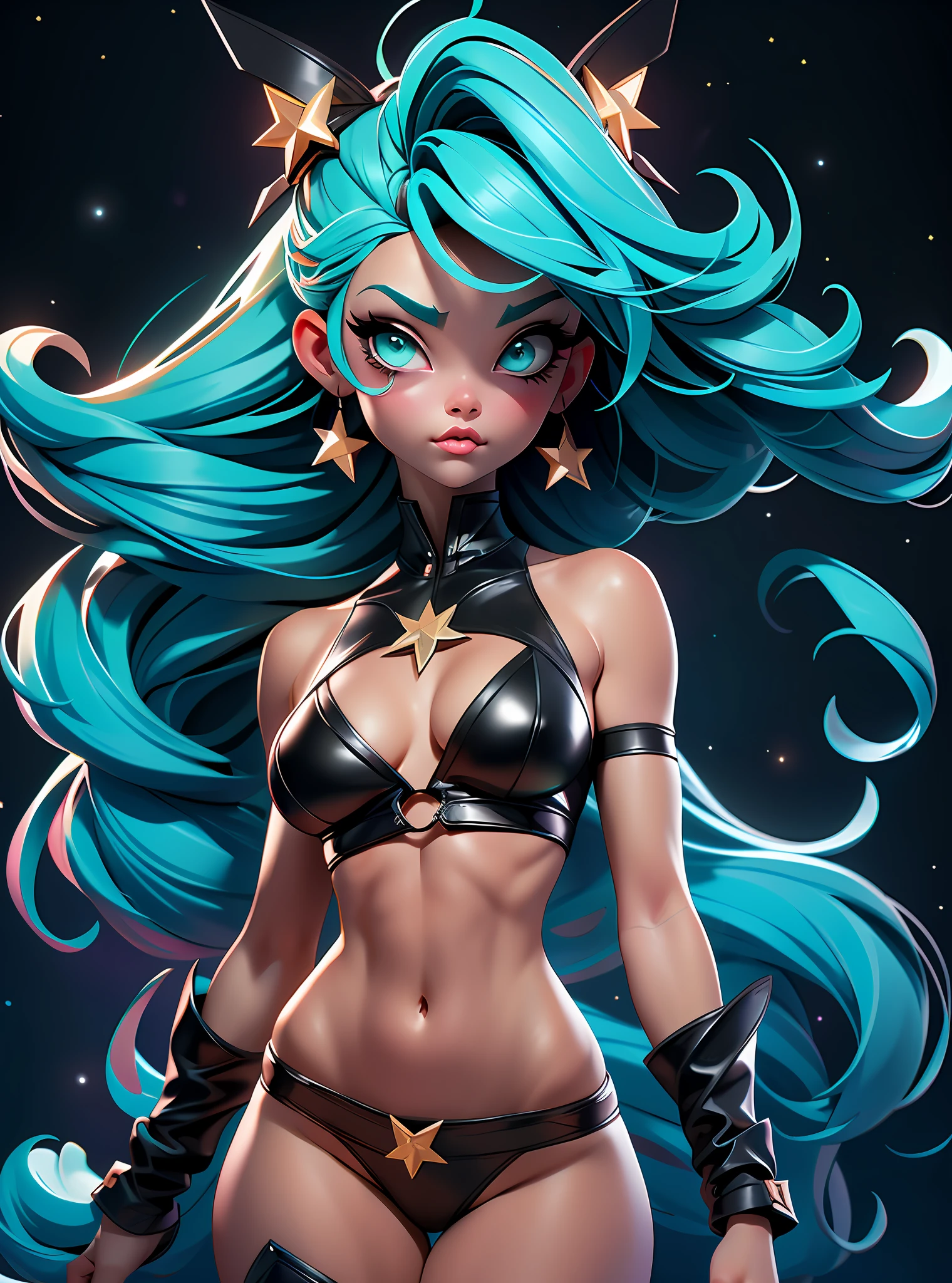 ((Best Quality)), ((Masterpiece)), ((Realistic)) and ultra-detailed photography of a girl with goth colors. She has ((turquoise hair)), wears a (small black micro-thong, black micro-bikini:star motif ) , ((beautiful and aesthetic)), muscular fit body abs, sexy, under-boobs, hot, (clear star filled sky background)
(clear background:1.35), (particles ,firefly, blue glowing):1.3,