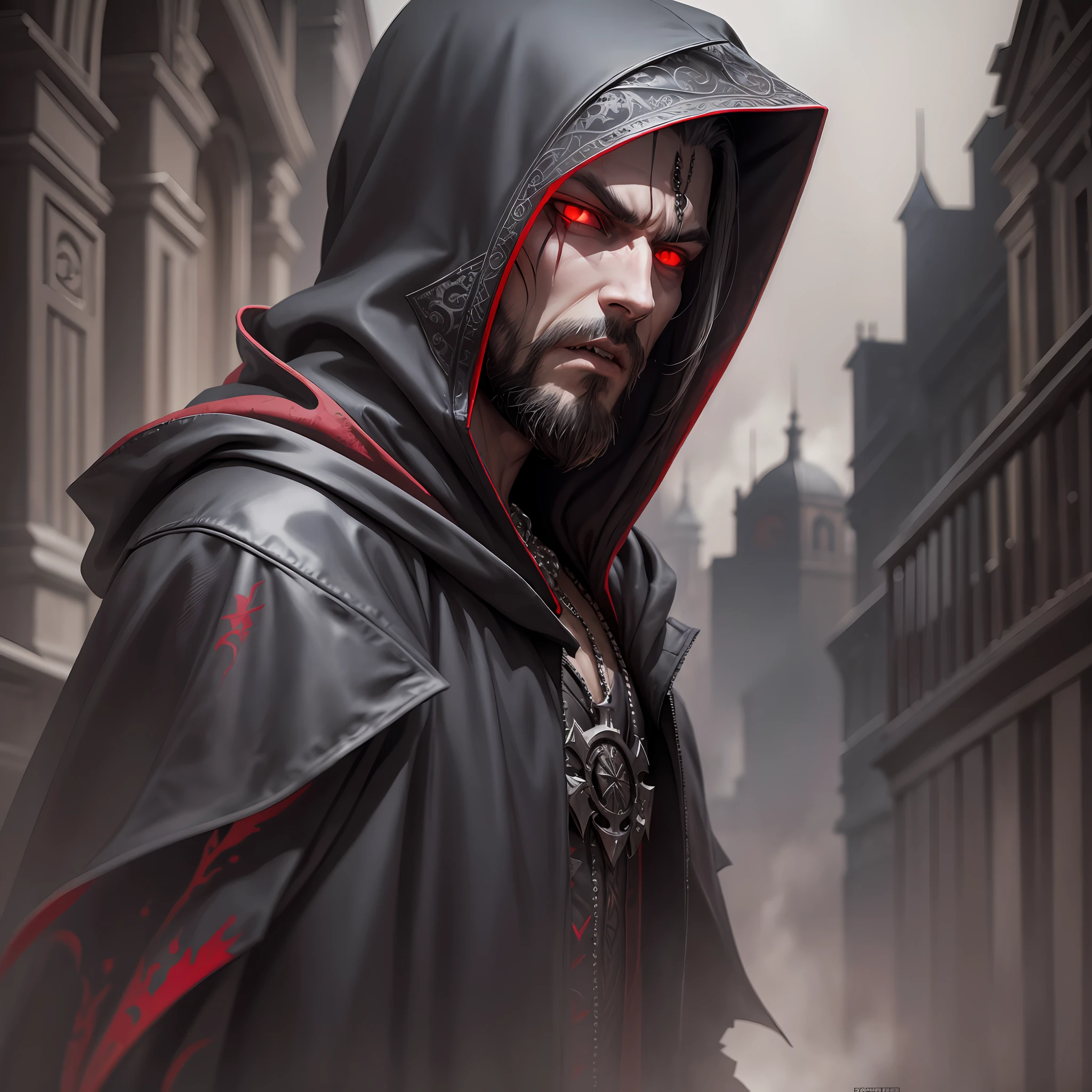 a photo of medium shot,front,man, vampire, gangrel clan, hooded, sinister,intricate, high detail, dramatic,beard,dark background, red eyes, realistic,wallpaper (8k extremely detailed wall)