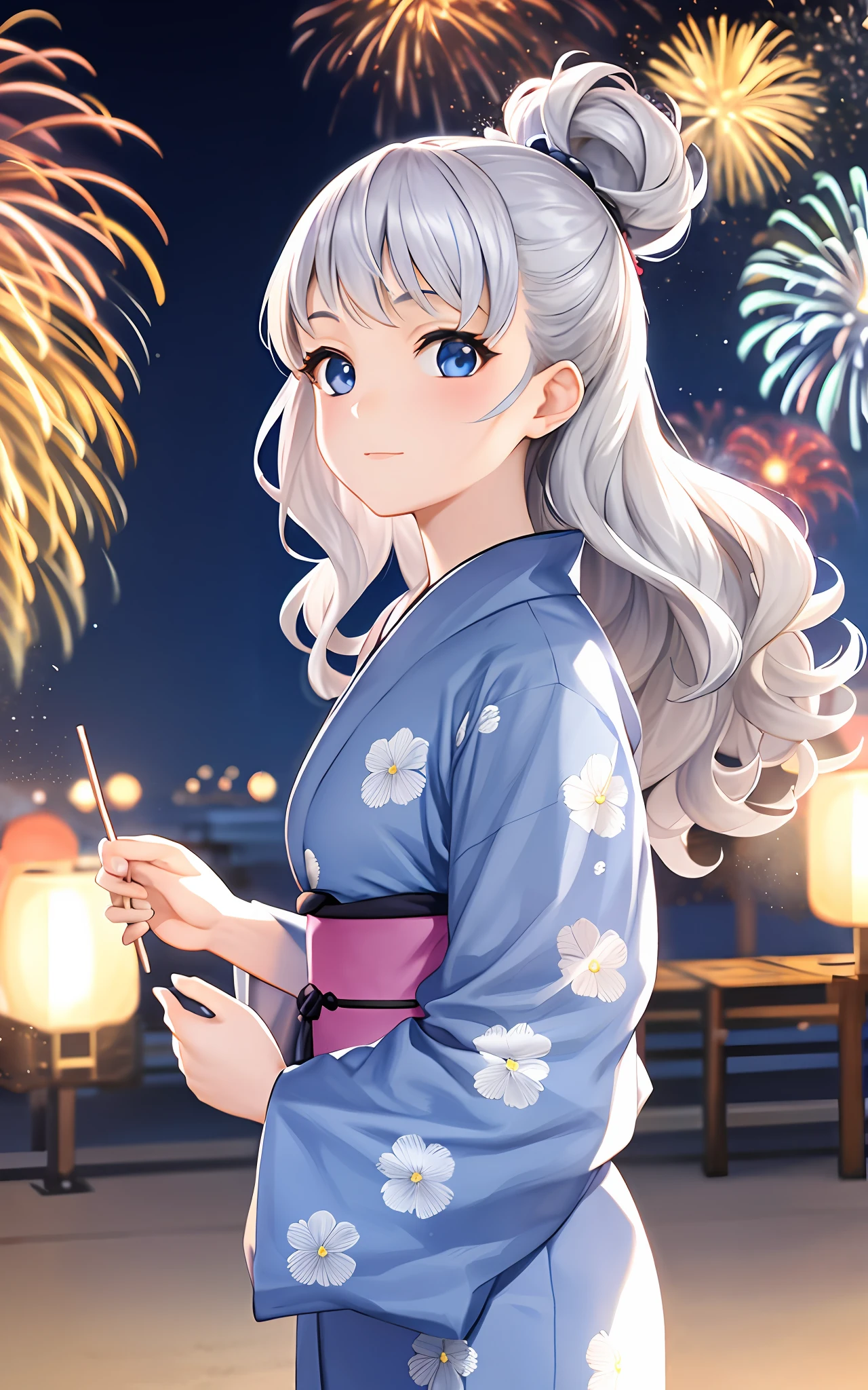 girl, solo, summer festival, silver hair, blue eyes, wavy hair, yukata, night, fireworks, looking up at the sky, huge, yukata mini, cotton candy