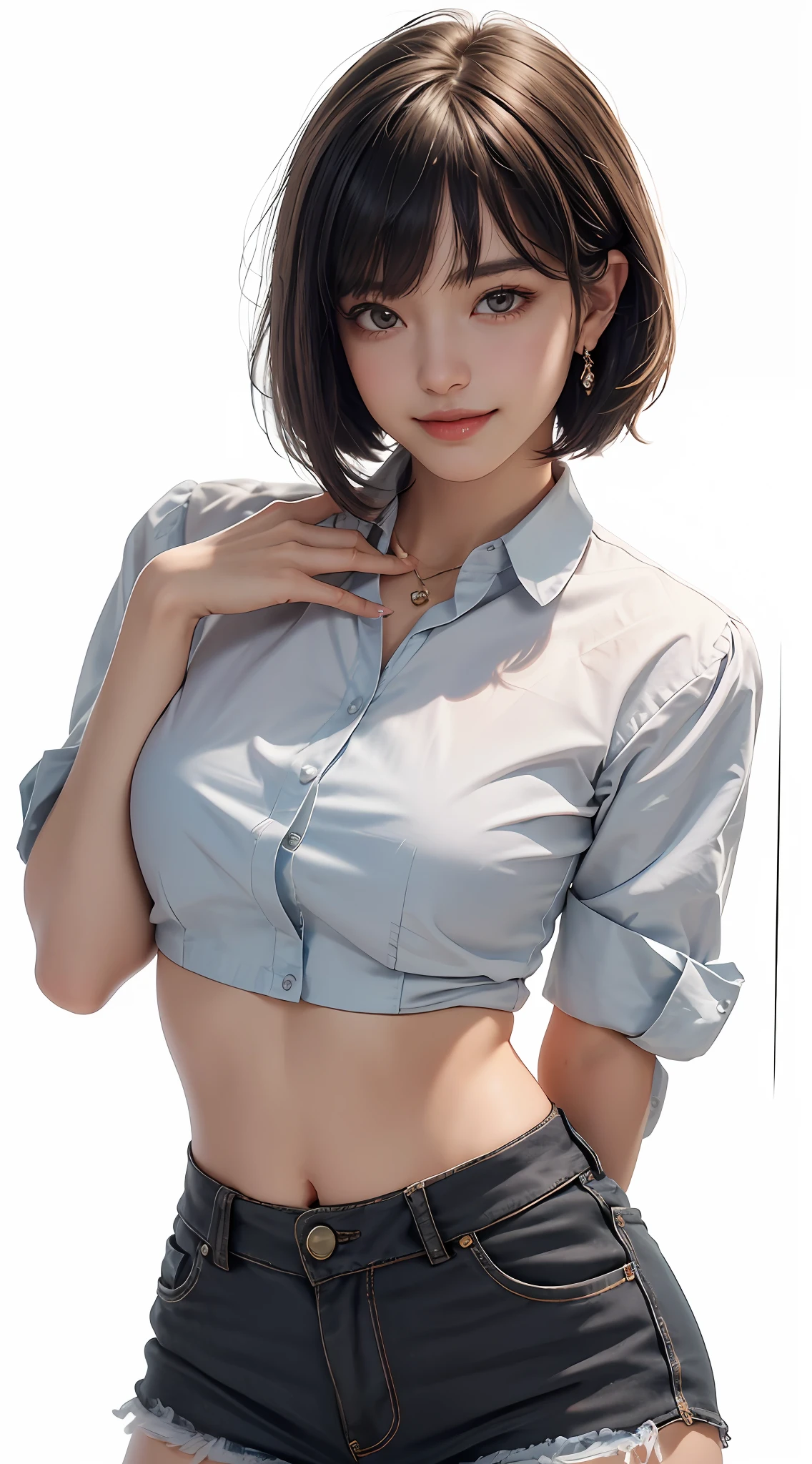 (Best Quality, 8k, Masterpiece: 1.3), Pretty Woman with Perfect Figure: 1.4, Dark Brown Hair, Wearing Pendant, Torn Shorts, Highly Detailed Face and Skin, Detailed Eyes, Double Eyelids, Best Quality, Masterpiece, (Photorealistic: 1.4), One Woman, Golden Ratio, Upper Eyes, Perfect Face, Beautiful Figure, Pretty Face, Zoom in on Face, Short Bob, Short Hair, Smile from different angles, smile, gloss, highlight, gloss, glossy on skin, bangs, cute smile, teeth, bust, refreshing charm, elegant, perfect hands, smile, shiny, glossy skin, bangs, refreshing charm, ears, gaze to the camera, poses at different angles, masterpiece, top quality, (fidelity, fidelity: 1.37), 8k, very sophisticated and beautiful, stunning, fine detailsRidiculous, huge file size, very detailed, beautiful detailed woman, very detailed eyes and face, beautiful detailed eyes, clear double, big eyes, light on face, one woman, gray hair, (perfect female figure), thin waist, (charming monkey: 1), full body, uniform, plaid skirt, collared shirt, bangs, short bob hair, skin luster, female expression, Smiling, overwhelming charm, ears, no lights, white background, light background, gloss on skin, gloss on face, gloss on chest, 2 arms, 5 fingers, very fine arms, very fine hands