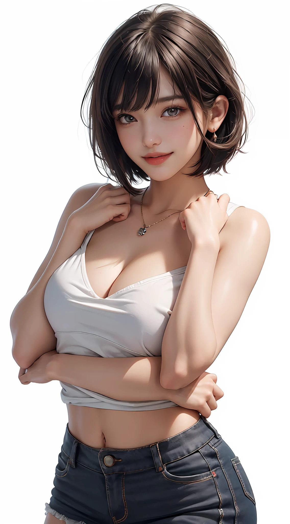 (Best Quality, 8k, Masterpiece: 1.3), Pretty Woman with Perfect Figure: 1.4, Dark Brown Hair, Wearing Pendant, Torn Shorts, Highly Detailed Face and Skin, Detailed Eyes, Double Eyelids, Best Quality, Masterpiece, (Photorealistic: 1.4), One Woman, Golden Ratio, Upper Eyes, Perfect Face, Beautiful Figure, Pretty Face, Zoom in on Face, Short Bob, Short Hair, Smile from different angles, smile, gloss, highlight, gloss, glossy on skin, bangs, cute smile, teeth, bust, refreshing charm, elegant, perfect hands, smile, shiny, glossy skin, bangs, refreshing charm, ears, gaze to the camera, poses at different angles, masterpiece, top quality, (fidelity, fidelity: 1.37), 8k, very sophisticated and beautiful, stunning, fine detailsRidiculous, huge file size, very detailed, beautiful detailed woman, very detailed eyes and face, beautiful detailed eyes, clear double, big eyes, light on face, one woman, gray hair, (perfect female figure), thin waist, (charming monkey: 1), full body, uniform, plaid skirt, collared shirt, bangs, short bob hair, skin luster, female expression, Smiling, overwhelming charm, ears, no lights, white background, light background, gloss on skin, gloss on face, gloss on chest, 2 arms, 5 fingers, very fine arms, very fine hands