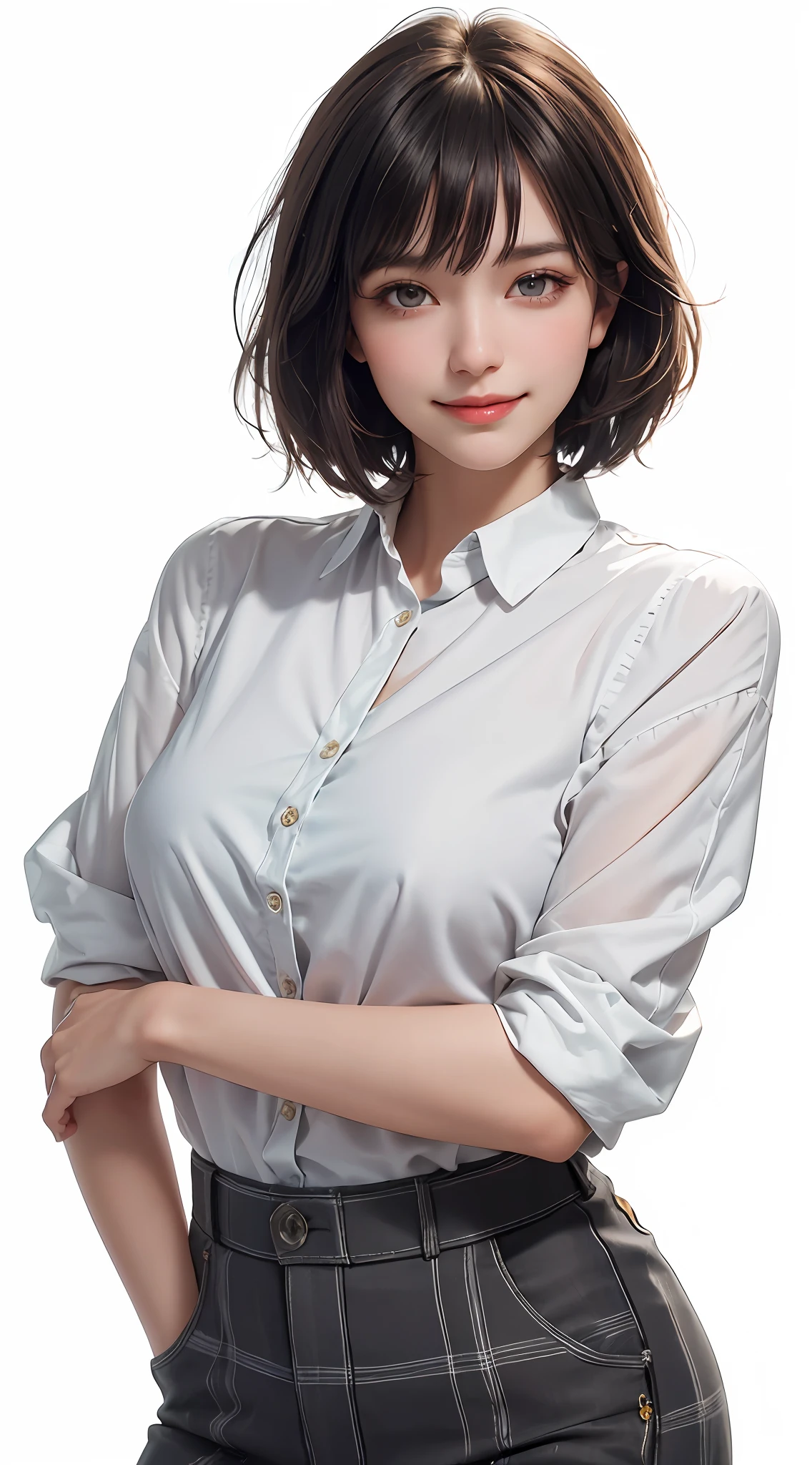 (Best Quality, 8k, Masterpiece: 1.3), Pretty Woman with Perfect Figure: 1.4, Dark Brown Hair, Wearing Pendant, Torn Shorts, Highly Detailed Face and Skin, Detailed Eyes, Double Eyelids, Best Quality, Masterpiece, (Photorealistic: 1.4), One Woman, Golden Ratio, Upper Eyes, Perfect Face, Beautiful Figure, Pretty Face, Zoom in on Face, Short Bob, Short Hair, Smile from different angles, smile, gloss, highlight, gloss, glossy on skin, bangs, cute smile, teeth, bust, refreshing charm, elegant, perfect hands, smile, shiny, glossy skin, bangs, refreshing charm, ears, gaze to the camera, poses at different angles, masterpiece, top quality, (fidelity, fidelity: 1.37), 8k, very sophisticated and beautiful, stunning, fine detailsRidiculous, huge file size, very detailed, beautiful detailed woman, very detailed eyes and face, beautiful detailed eyes, clear double, big eyes, light on face, one woman, gray hair, (perfect female figure), thin waist, (charming monkey: 1), full body, uniform, plaid skirt, collared shirt, bangs, short bob hair, skin luster, female expression, Smiling, overwhelming charm, ears, no lights, white background, light background, gloss on skin, gloss on face, gloss on chest, 2 arms, 5 fingers, very fine arms, very fine hands