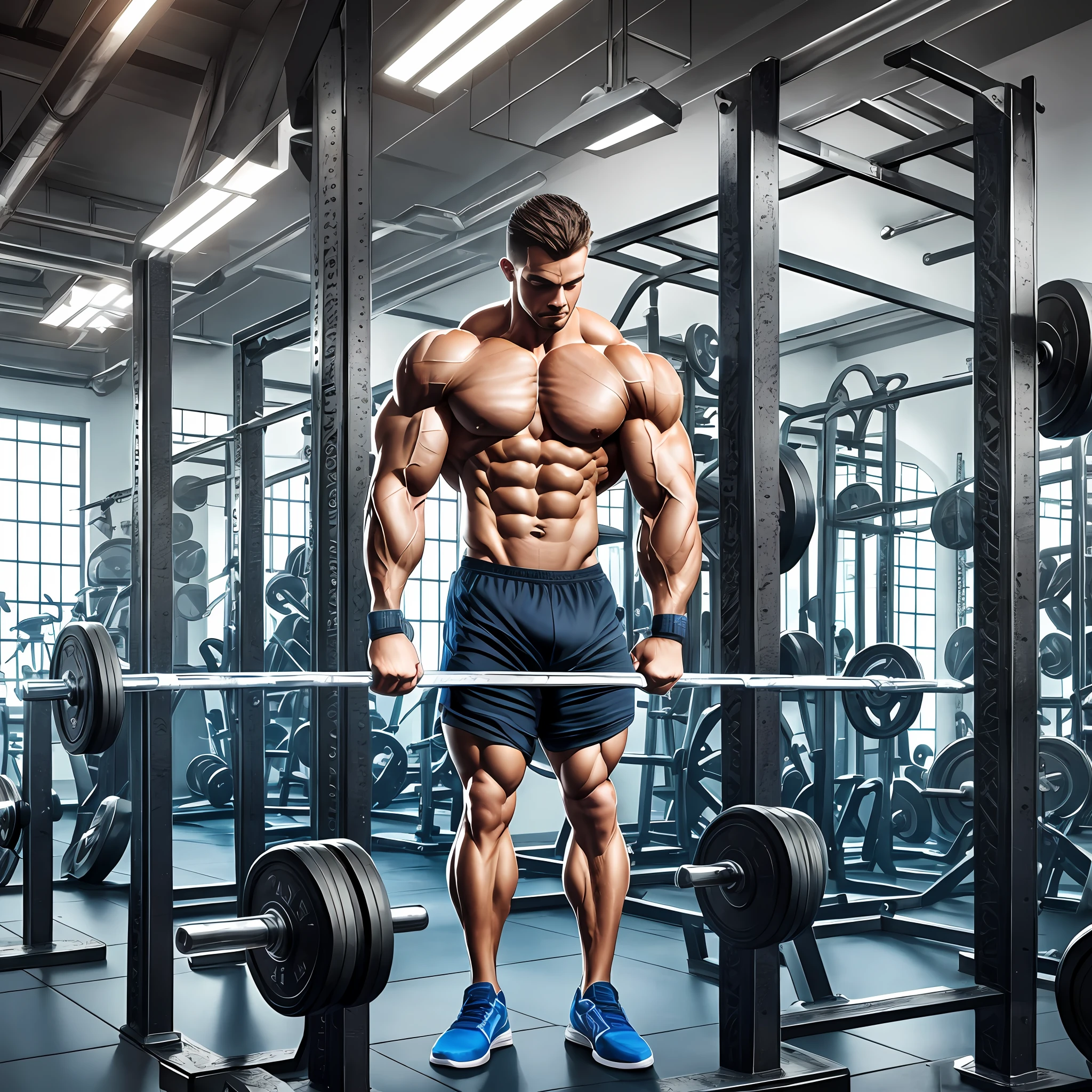 (Ancient bodybuilding gym), weights, bars, dumbbells, weight machines, ultra-detailed with 8k resolution,(best illumination, best shadow), dynamic details,dynamic angle,texture detailing,(1man),muscle structure(explicit in detail),blue eyes,illuminated and highlighted environment,perfect symmetry. --auto --s2