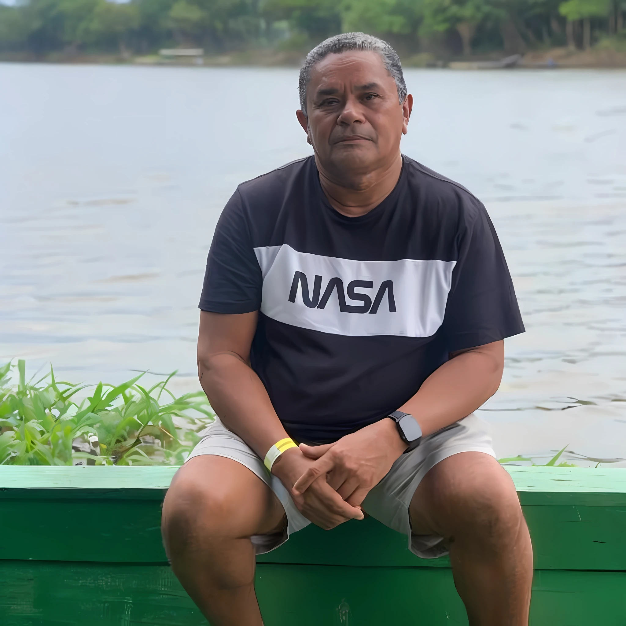 Man of 50 years, happy, round face, curly black hair and very short, with black features, sitting on a bench in front of the Seine River in Paris, in a beautiful late afternoon, with beautiful trees around, old photo, hand painting. --auto --s2