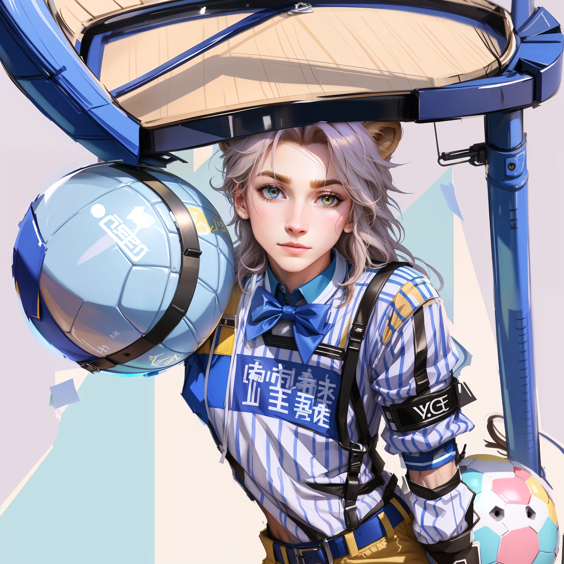 Draw a lion playing ball with a blue uniform and yellow details and written EFA in the middle of the chest.
