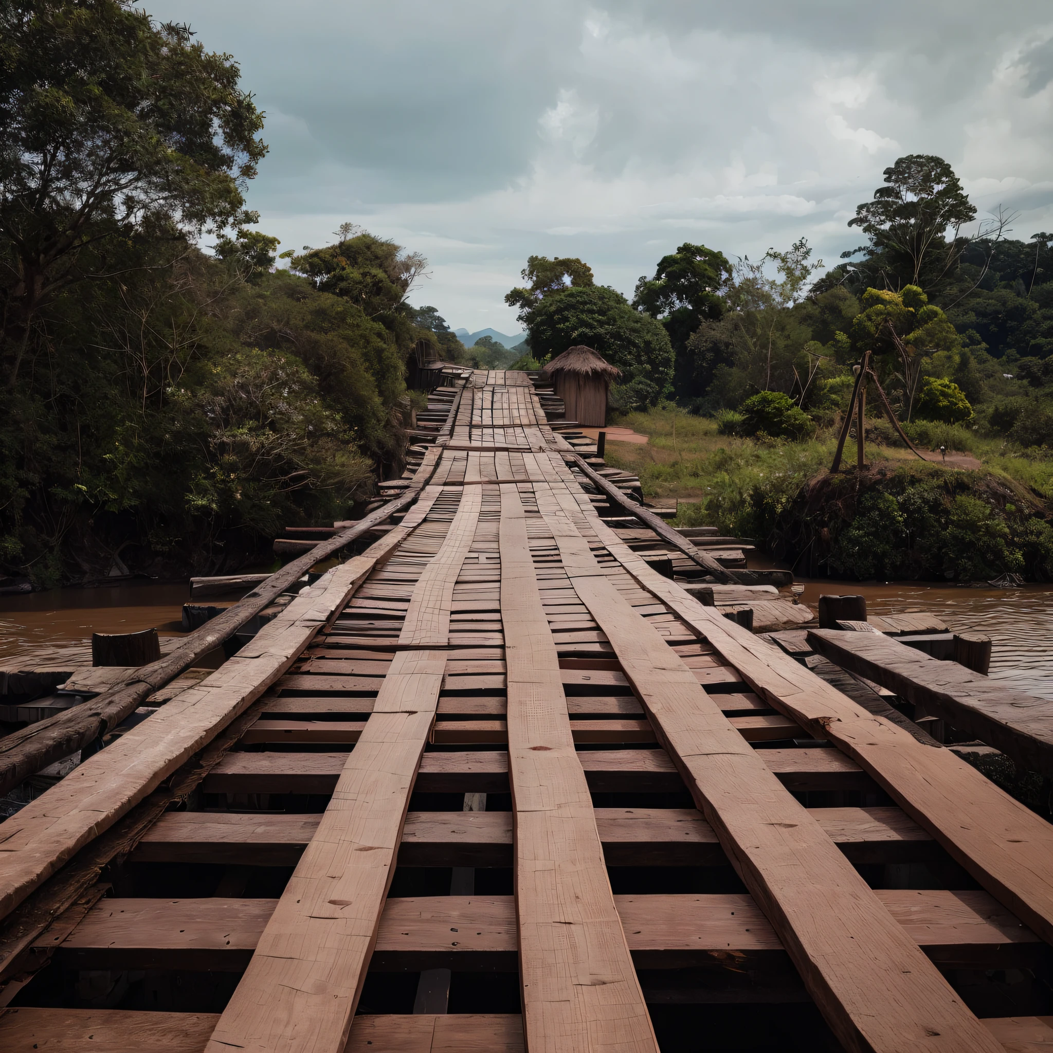 Improvised wooden bridge over an Amazon river for passage of vehicles