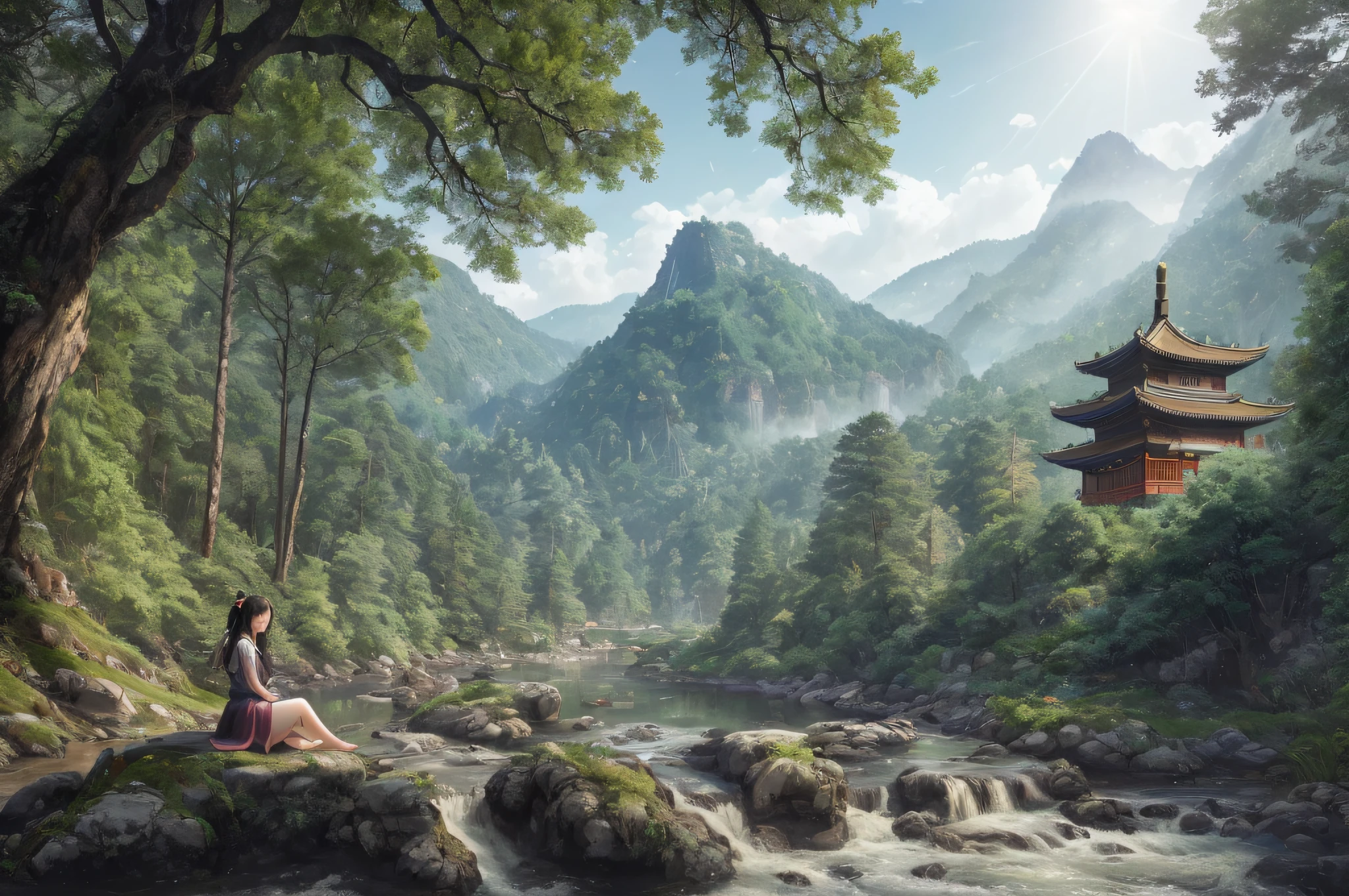 Generate an image of a beautiful girl sitting on a crumbling wall, surrounded by tall pine trees and a nearby flowing river, with misty mountains and lush greenery in the background. No one, the morning sun shining through the trees. (Chinese Architecture), (Chinese Architecture), (RAW PHOTO:1.2), (PHOTOREALISTIC:1.4), Absurdity, Unbelievable Absurdity, Huge File Size, Ultra Detailed, High Resolution, Very Detailed, Best Quality, Masterpiece, Illustration, An Very Refined and Beautiful, Very Detailed, CG, Unified, 8k Wallpapers, Amazing, Fine Detail, Masterpiece, Best Quality, pureerosface_v1，ulzzang-6500-v1.1，