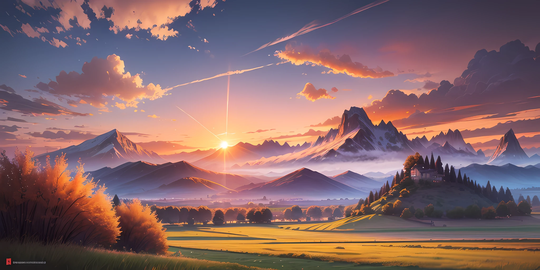 landscape, dawn, grass fields, couds, montais, anime style, highly detailed, sunset, montains in backgroud --auto --s2