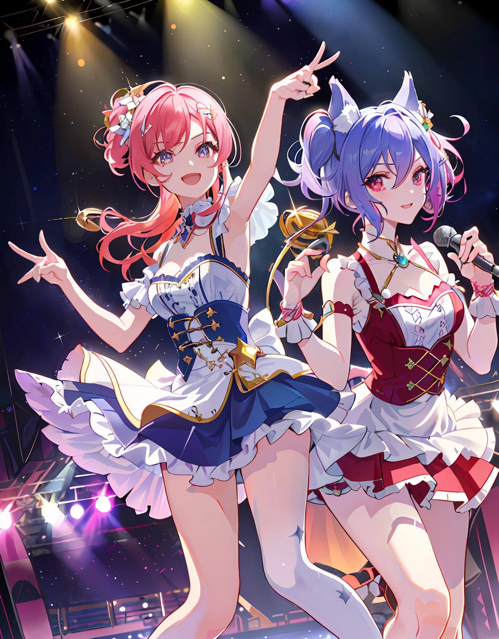 Masterpiece, top quality, dynamic angle, (((Detailed eyes and detailed face: 1.2))))), ((((Perfect human hand, super detailed human 5 fingers)))), ((Perfect human foot)), upper body, 1 or 2 girls, smile, wolf ears, wolf tail, pink eyes, hair between eyes, (((wink)))), D cup, cleavage, striped hair, (((Colorful hair color: 1))))), ( ((Random hair color: 1))), variegated hairstyles: 1, twin tails, ultra-detailed gradient hair, idol costumes, professional designers, fashion leaders, ruffled dresses, love live, jewelry, backstage, best stage, climax, professional stage, (((Sing emotionally with the microphone in your left hand, overflowing emotions, best smile))), singer, vocalist: 1, Idol, Diva, Professional Stage, Professional Lighting, Live Lighting, Distract Your Gaze, Fan Service: 1, ((Satellite photo seen from the audience)))), ((((Panchira, cute panties))))