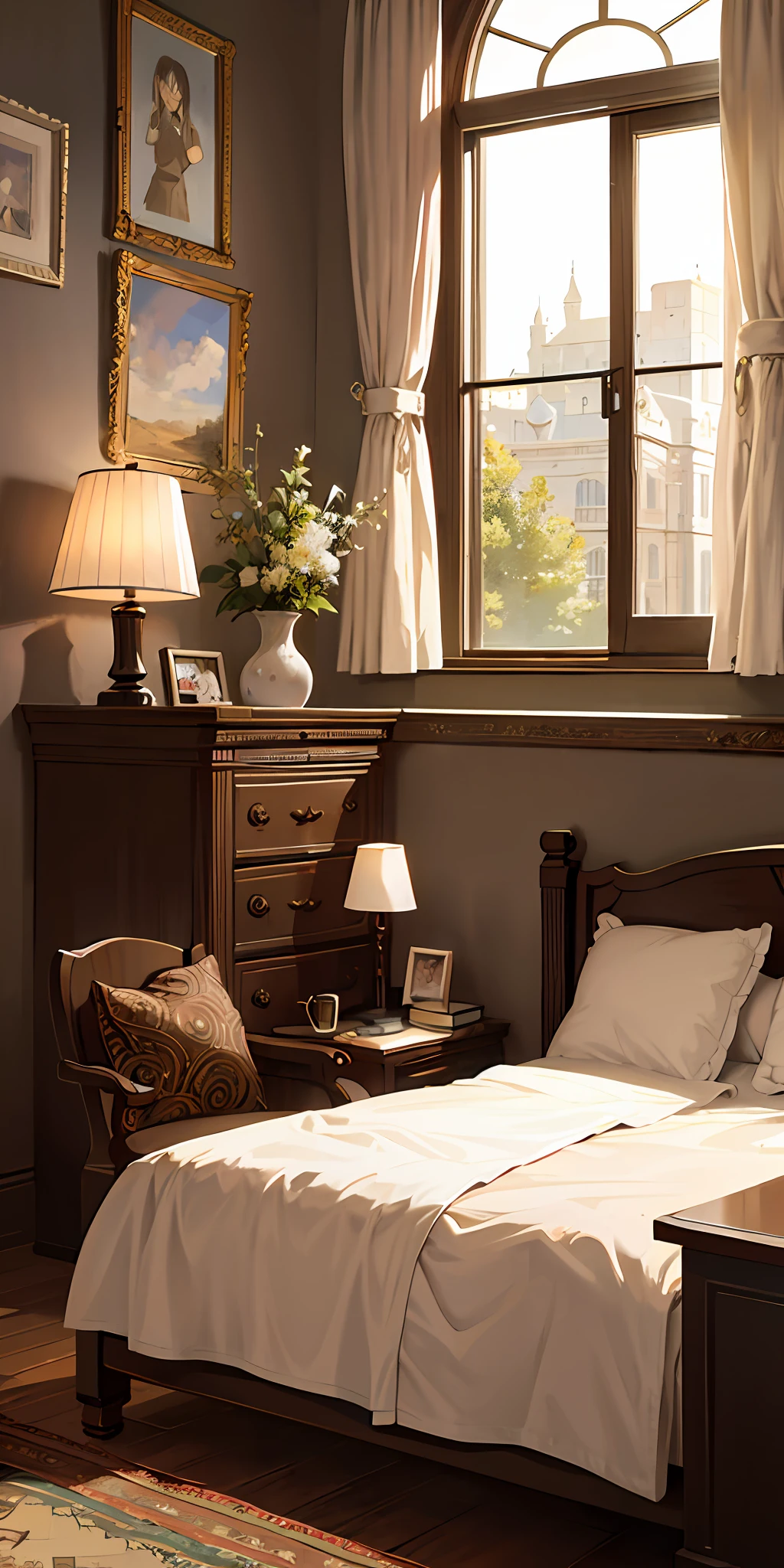 English gorgeous style, a soft bed, a coffee table, bedside tables, vases, hanging paintings, dressers, square glass windows, wooden furniture, wardrobes, intricate carvings, and oil paintings. Warm colors, award-winning masterpieces with incredible detail, large windows --v 6