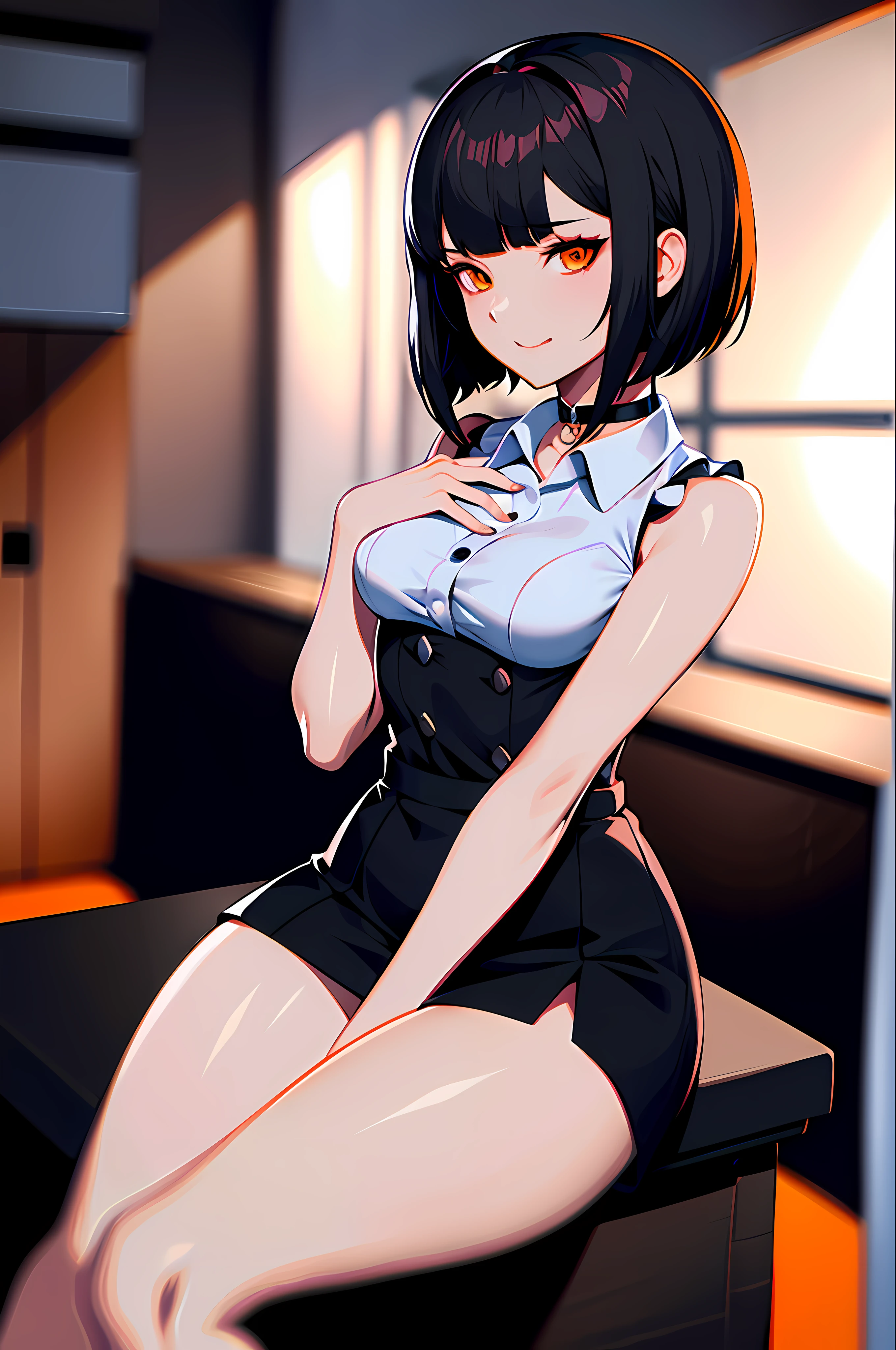 best quality, high-res, blur, 1girl, sleeveless white button shirt, black skirt, black choker, cute, (Kpop idol), (aegyo sal:1), (black reverse bob cut, short hair:1), ((orange eyes)), looking at viewer, full body, facing front, dark studio, rim lighting, two tone lighting, dimly lit, low key, zeronis, blurred, blur, beautiful, perfection, trending on ArtStation