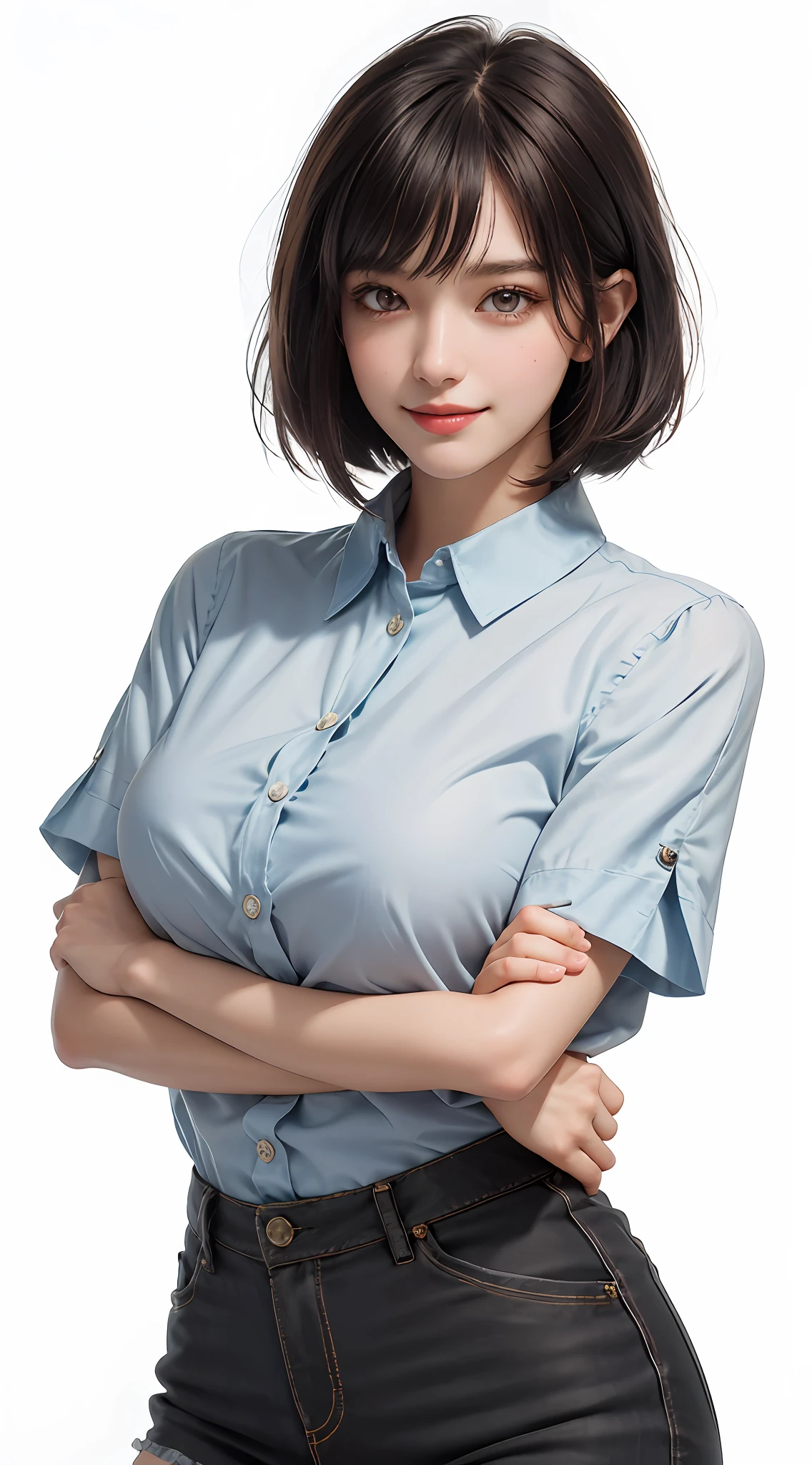 (Best Quality, 8k, Masterpiece: 1.3), Pretty Woman with Perfect Figure: 1.4, Dark Brown Hair, Wearing Pendant, Torn Shorts, Highly Detailed Face and Skin, Detailed Eyes, Double Eyelids, Best Quality, Masterpiece, (Photorealistic: 1.4), One Woman, Golden Ratio, Upper Eyes, Perfect Face, Beautiful Figure, Pretty Face, Zoom in on Face, Short Bob, Short Hair, Smile from different angles, smile, gloss, highlight, gloss, glossy on skin, bangs, cute smile, teeth, bust, refreshing charm, elegant, perfect hands, smile, shiny, glossy skin, bangs, refreshing charm, ears, gaze to the camera, poses at different angles, masterpiece, top quality, (fidelity, fidelity: 1.37), 8k, very sophisticated and beautiful, stunning, fine detailsRidiculous, huge file size, very detailed, beautiful detailed woman, very detailed eyes and face, beautiful detailed eyes, clear double, big eyes, light on face, one woman, gray hair, (perfect female figure), thin waist, (charming monkey: 1), full body, uniform, plaid skirt, collared shirt, bangs, short bob hair, skin luster, female expression, Smiling, overwhelming charm, ears, no lights, white background, light background, gloss on skin, gloss on face, gloss on chest, 2 arms, 5 fingers, very fine arms, very fine hands