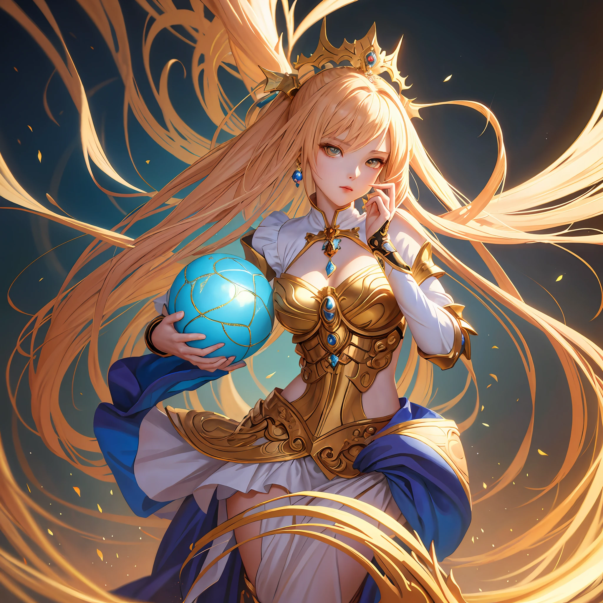 a painting of a woman in a costume holding a ball, a beautiful fantasy empress, extremely detailed artgerm, 8k high quality detailed art, anime goddess, by Yang J, ((a beautiful fantasy empress)), beautiful character painting, style of artgerm, 2. 5 d cgi anime fantasy artwork, artgerm. anime illustration