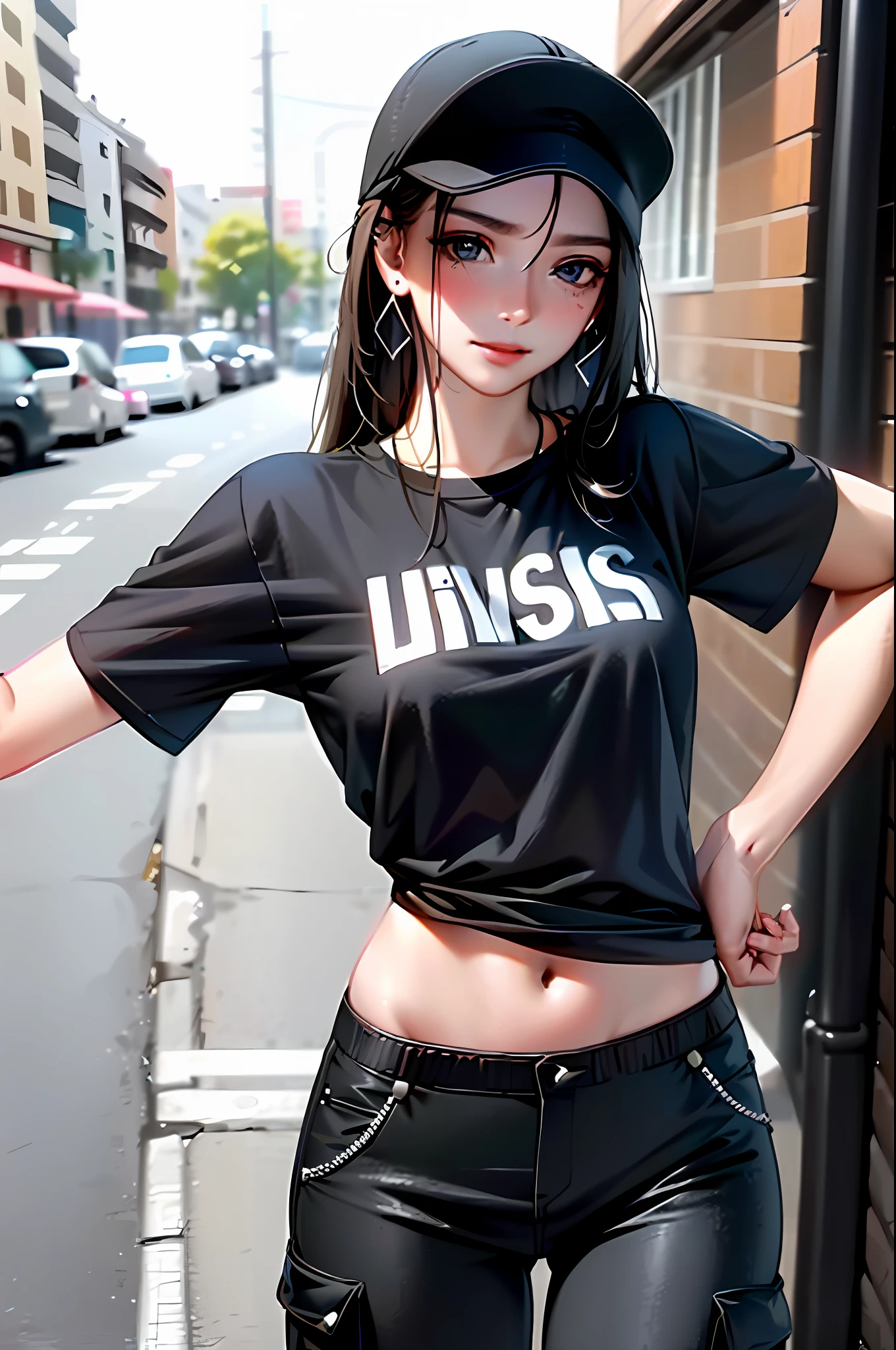 (dalcefo),
ultra resolution,
(realistic:1.7),
(1 slim girl), stylish girl, fashion,
young face, blush, (evil smile),
(slim) thigh,
baseball cap, earrings,
(black T-shirt), (baggy cargo pants),
street dance, dance on street, dance pose, dancing, gravure,
rainy city street,