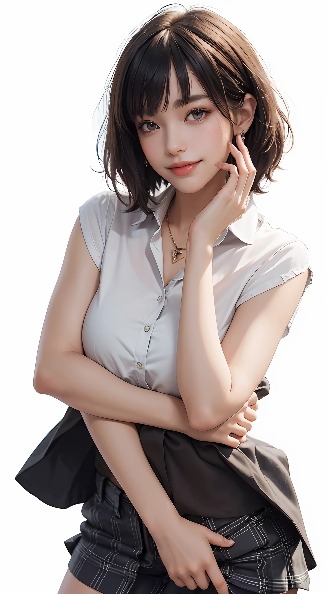 (Best Quality, 8k, Masterpiece: 1.3), Pretty Woman with Perfect Figure: 1.4, Dark Brown Hair, Wearing Pendant, Torn Shorts, Highly Detailed Face and Skin, Detailed Eyes, Double Eyelids, Best Quality, Masterpiece, (Photorealistic: 1.4), One Woman, Golden Ratio, Upper Eyes, Perfect Face, Beautiful Figure, Pretty Face, Zoom in on Face, Short Bob, Short Hair, Smile from different angles, smile, gloss, highlight, gloss, glossy on skin, bangs, cute smile, teeth, bust, refreshing charm, elegant, perfect hands, smile, shiny, glossy skin, bangs, refreshing charm, ears, gaze to the camera, poses at different angles, masterpiece, top quality, (fidelity, fidelity: 1.37), 8k, very sophisticated and beautiful, stunning, fine detailsRidiculous, huge file size, very detailed, beautiful detailed woman, very detailed eyes and face, beautiful detailed eyes, clear double, big eyes, light on face, one woman, gray hair, (perfect female figure), thin waist, (charming monkey: 1), full body, uniform, plaid skirt, collared shirt, bangs, short bob hair, skin luster, female expression, Smiling, overwhelming charm, ears, no lights, white background, light background, gloss on skin, gloss on face, gloss on chest, 2 arms, 5 fingers, very fine arms, very fine hands
