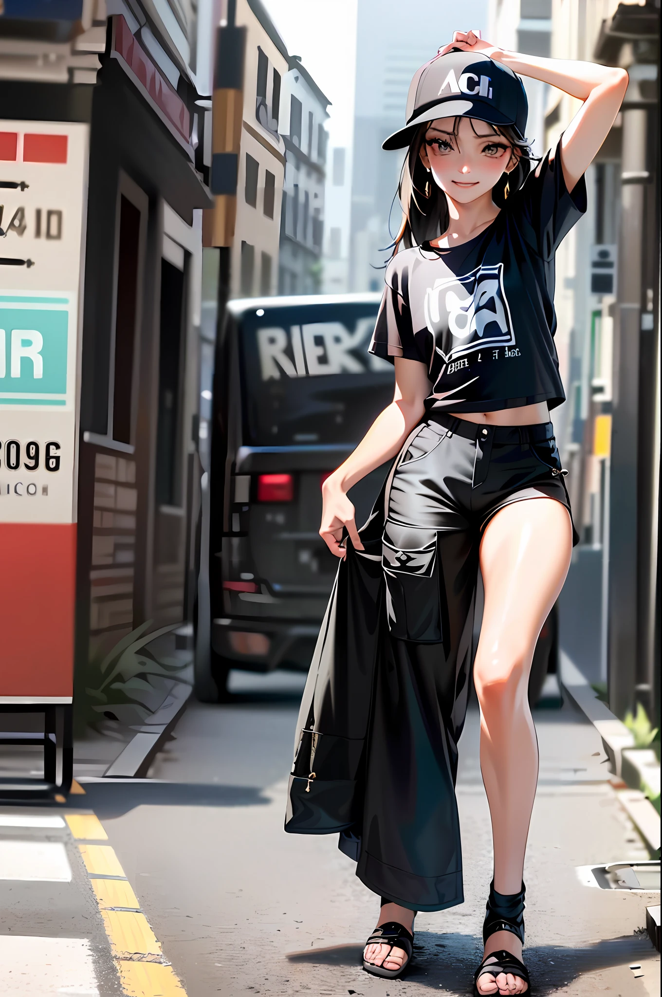 (dalcefo),
ultra resolution,
(realistic:1.7),
(1 slim girl), stylish girl, fashion,
young face, blush, (evil smile),
(slim) thigh,
baseball cap, earrings,
(black T-shirt), (baggy cargo pants),
street dance, dance on street, dance pose, dancing, gravure,
rainy city street,