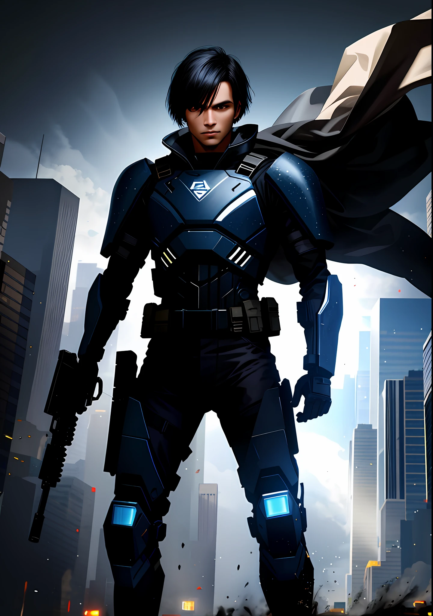 (best quality), high resolution image, night environment, armed soldier, black hair, strong backlight image, with an abstract and dynamic background.