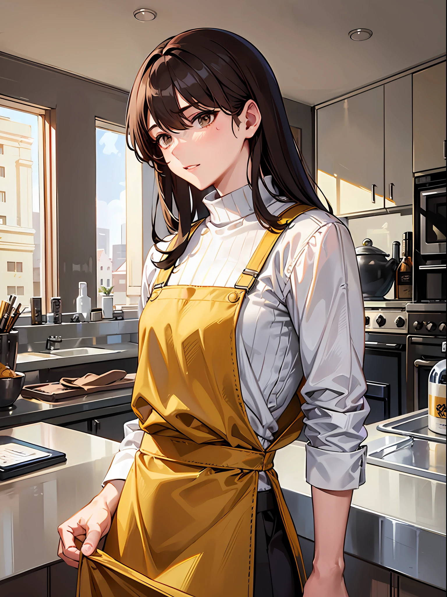 Medium-length brown hair, white long-sleeved turtleneck shirt, yellow apron, black pants, white slippers, medium chest, indoors