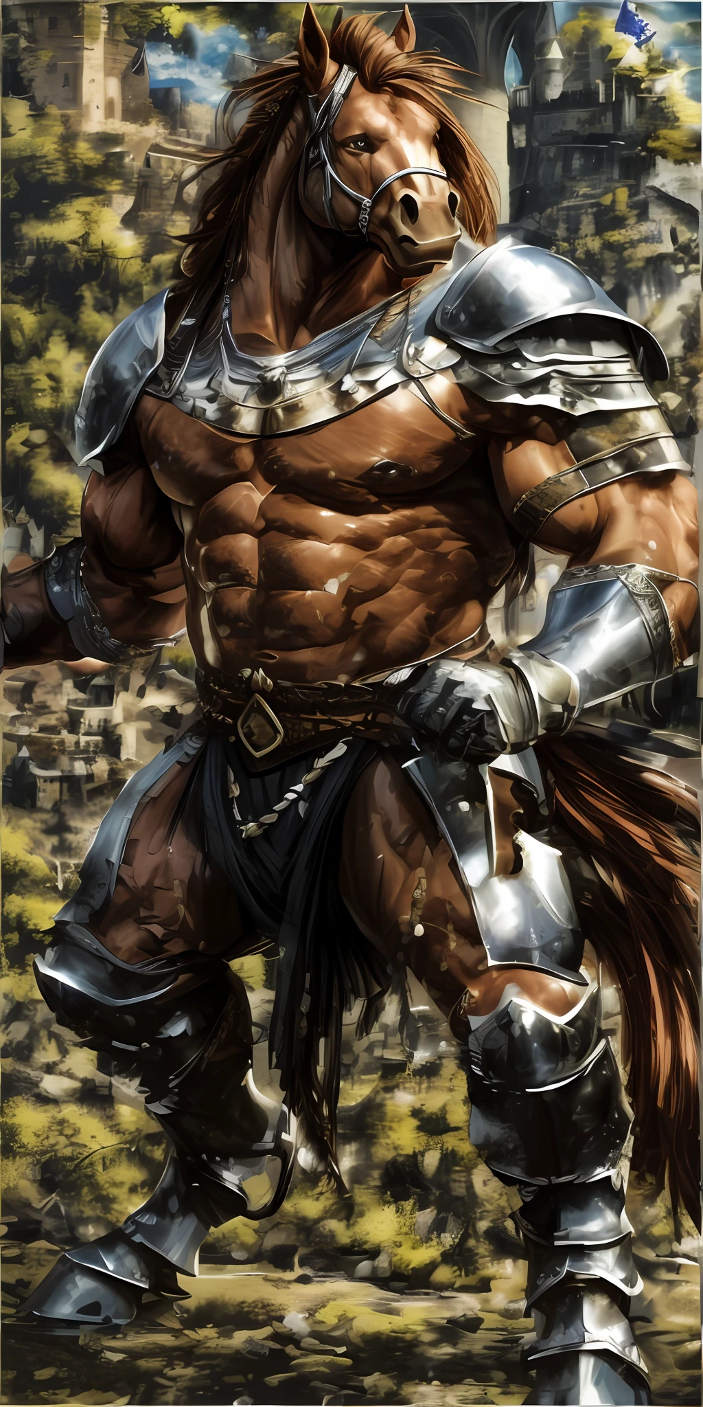 Top Quality, Castle, Gatekeeper (Highly Detailed Beautiful Face and Eyes) absurdres, Perfect Anatomy ((Beastman, Solo Focus)) (Anthro: 1.7) ((Horse Facial Features, Horse Body Features)) (Dense and Detailed Muscles)) Full Body (Fighting Pose) Armor, Spear, Medieval Warrior,