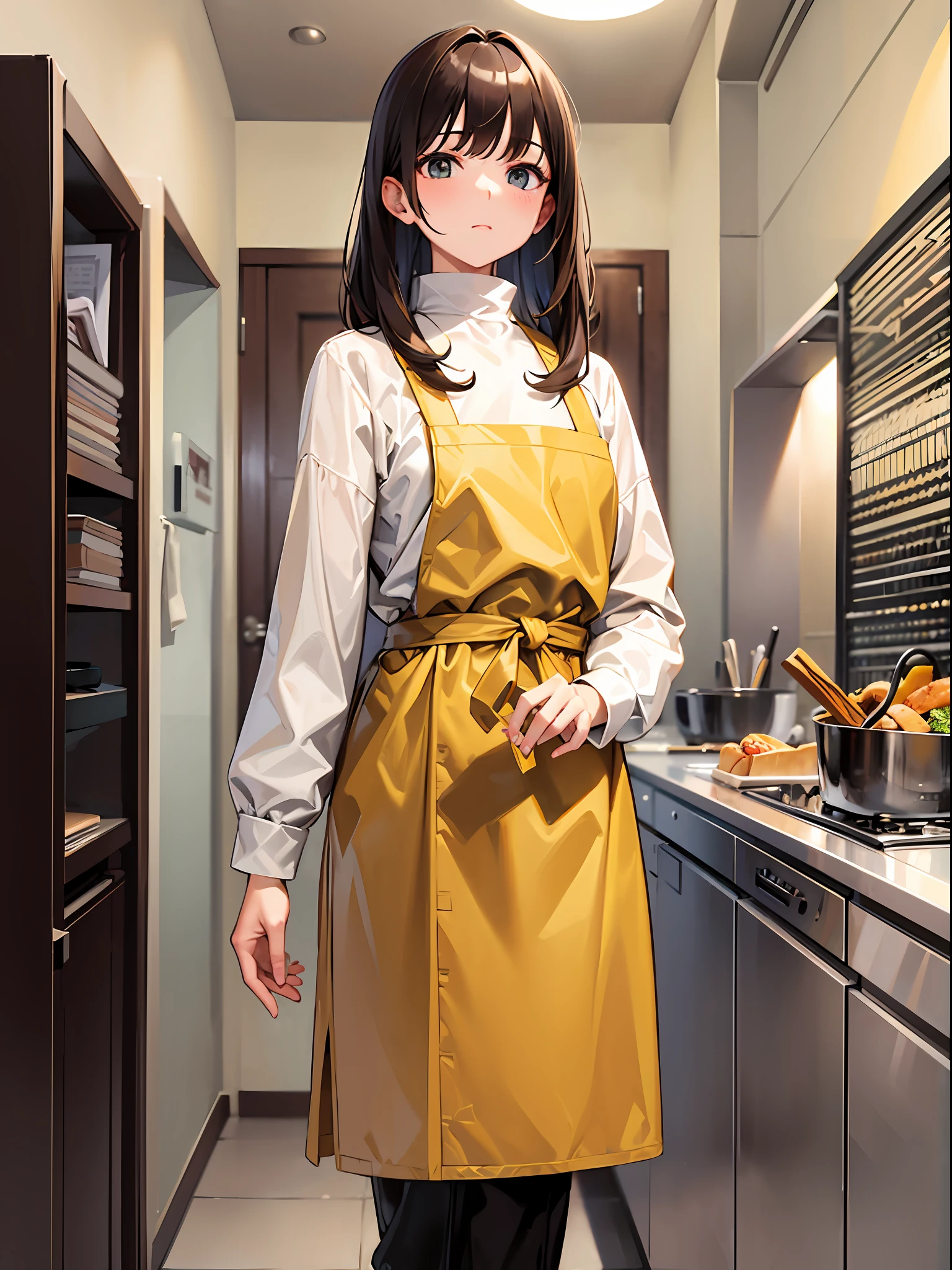 Medium-length brown hair, white long-sleeved turtleneck shirt, yellow apron, black pants, white slippers, medium chest, indoors