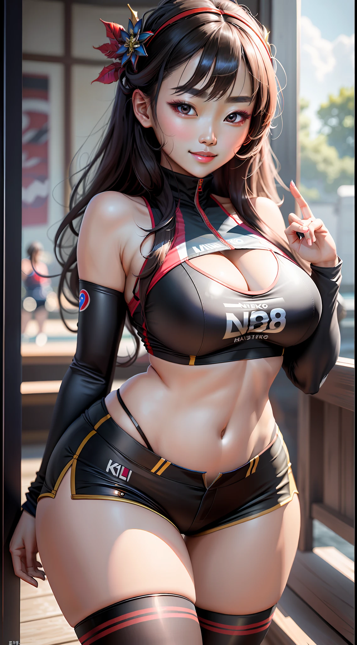 Masterpiece, Maximum Quality, Ultra High Resolution, 8K, Korean Girl (Extremely Beautiful), Full Body, Thin, Detailed Face, Detailed Eyes, Mischievous Smile, Wide Hips, Thick Thighs, Smooth and Soft Pele, Wearing Nicro Shorts and Micro Regatta