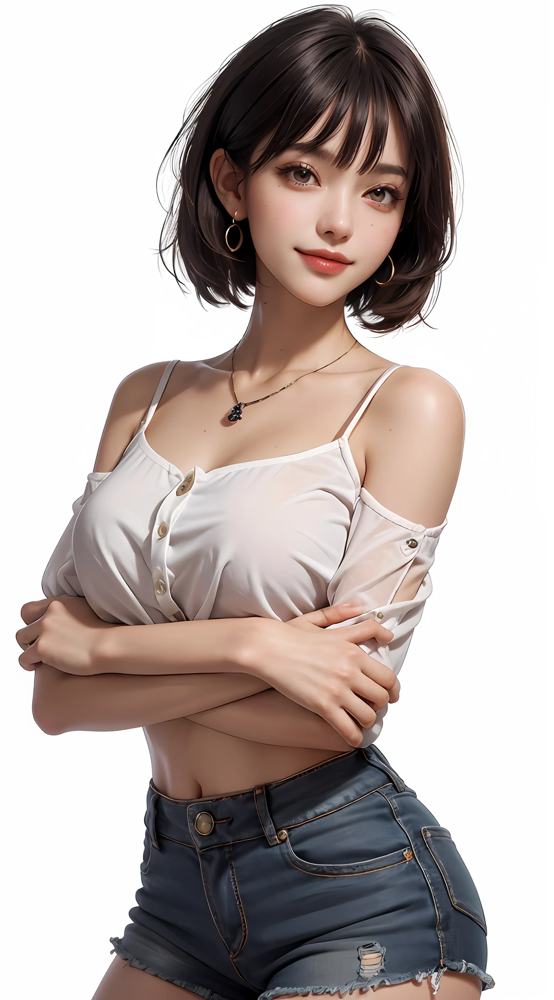 (Top Quality, 8k, Masterpiece: 1.3), Pretty Woman with Perfect Figure: 1.4, Dark Brown Hair, Wearing Pendant, Torn Shorts, Off Shoulder, Highly Detailed Face and Skin, Detailed Eyes, Double Eyelids, Best Quality, Masterpiece, (Photorealistic: 1.4), One Woman, Golden Ratio, Upper Eyes, Perfect Face, Beautiful Figure, Pretty Face, Zoom In on Face, Short Bob, Short HairSmile from different angles, smile, gloss, highlight, gloss, glossy on skin, glossy on skin, bangs, cute smile, teeth, bust, refreshing charm, elegant, perfect hands, smile, shiny, glossy skin, bangs, refreshing charm, ears, gaze to the camera, poses from various angles, masterpiece, highest quality, (fidelity, fidelity: 1.37), 8k, very sophisticated and beautiful, stunning, fine details, ridiculous, huge file size, very detailed, beautiful detailed woman, very detailed eyes and face, beautiful detailed eyes, clear double, big eyes, light on face, one woman, gray hair, (perfect female figure), thin waist, (charming monkey: 1), full body, uniform, plaid skirt, collared shirt, bare arms, abdomen, unbuttoned, bangs, short bob hair, skin luster, Female expression, smiling, overwhelming charm, ears, no lights, white background, light background, gloss on skin, gloss on face, gloss on chest, 2 arms, 5 fingers, very fine arms, very fine hands