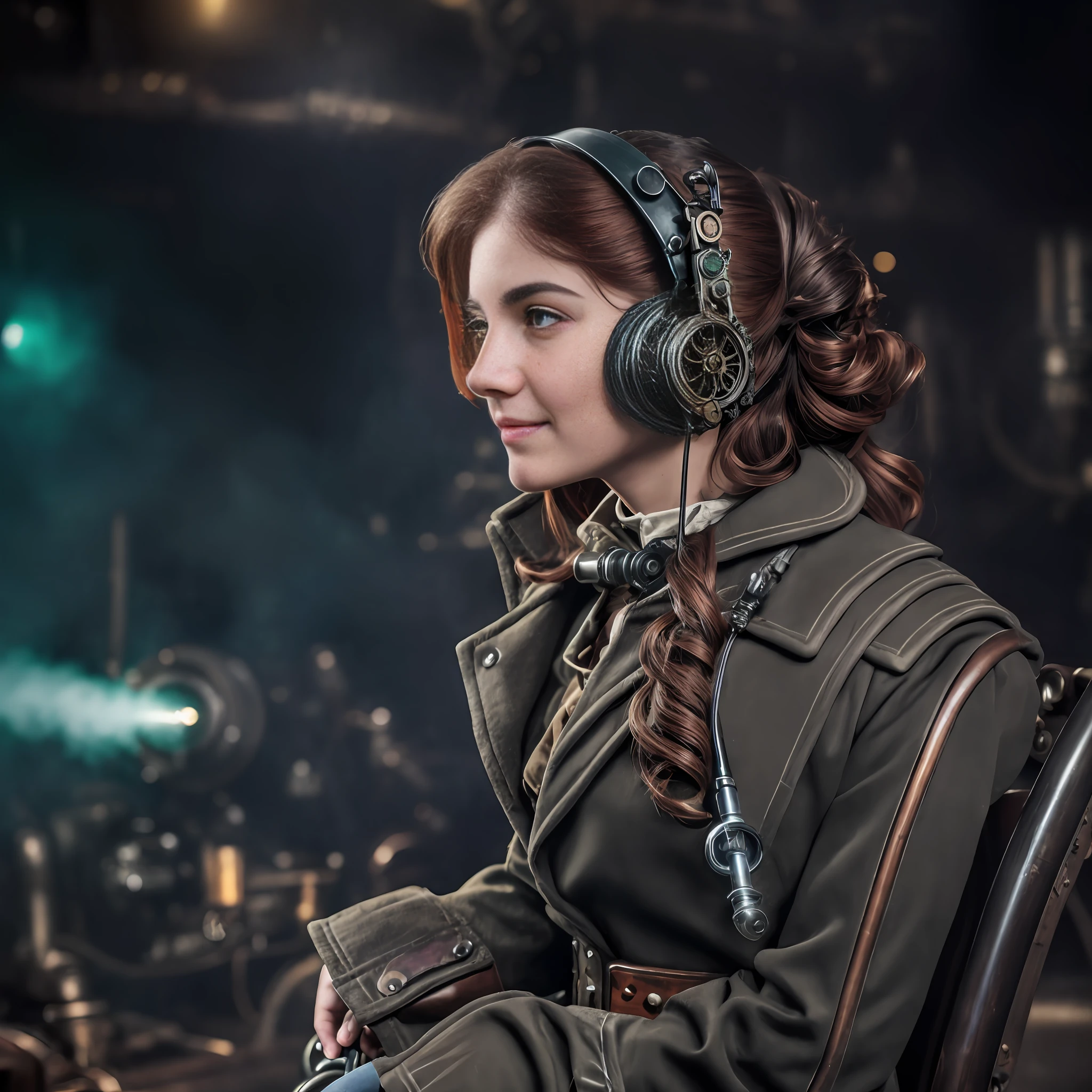 hyper photorealism, perfect anatomy, realistic character, very high contrast lighting, cinematic lighting, dramatic lighting, profile, shot from the back, shot from below, (((a girl on a chair is repairing a machine in the steamy smoky workshop))), (a 19 yo girl, (Ana de Armas:0.70), (redhead:1.1)), very cute and smiley, (perfect eyes:1.1), photorealistic wavy hair, a girl in a steampunk jumpsuit in light gray color, intercom headset, steampunk choker, long leather boots, perfect detailed face, detailed symmetric green eyes with circular iris, fixing a steam engine in the steampunk garage filled with steam and smoke, cogs and gears, steamy background with lots of steam pipes and steam valves and pressure gauges and gears, intricate background, very highly detailed costume, very highly detailed background, steampunk fantasy style, steampunk , steampunk aesthetic, steamy, Canon 5D, f1.8 lens