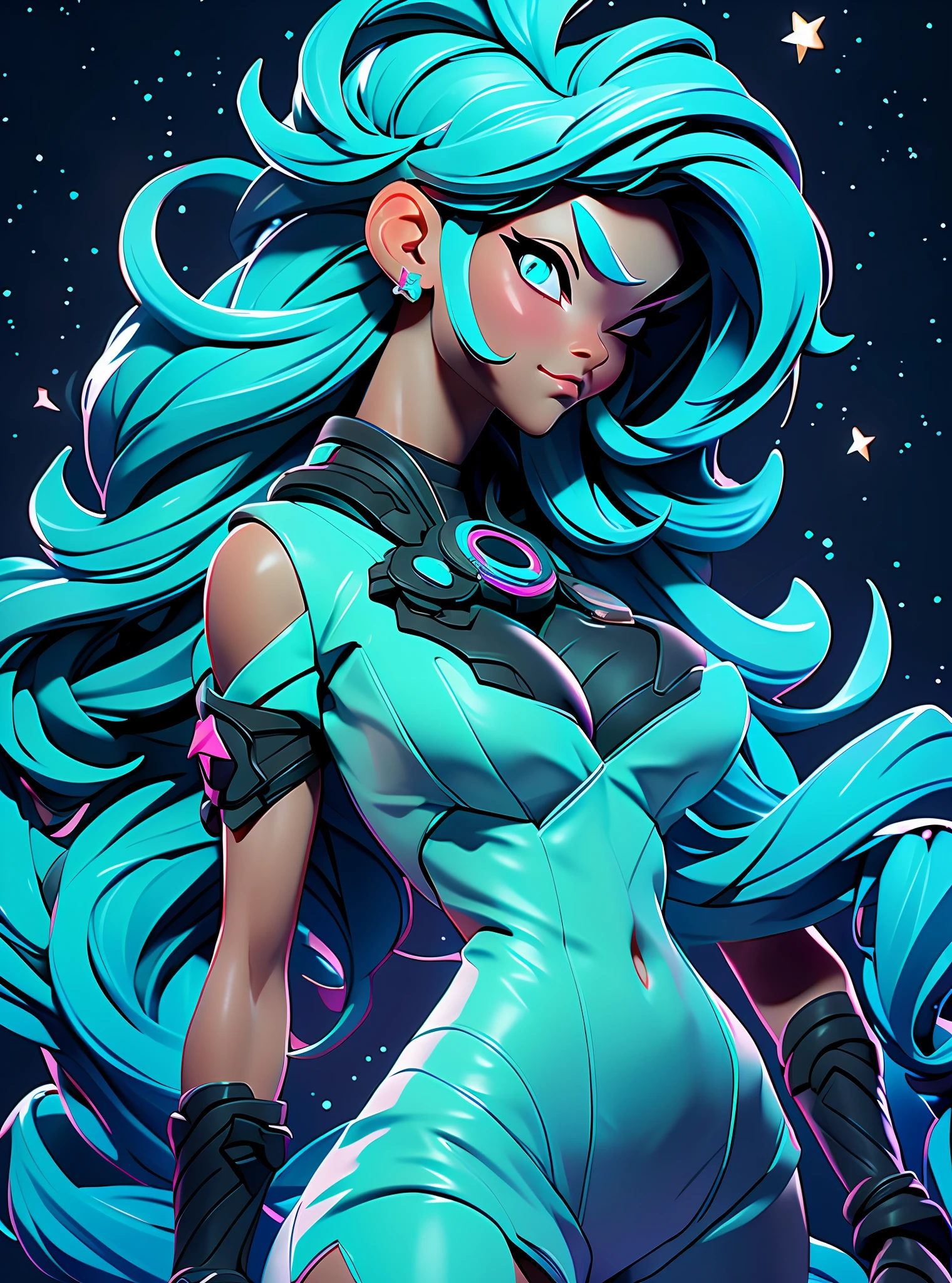 ((Best Quality)), ((Masterpiece)), ((Realistic)) and ultra-detailed photography of a girl with goth colors. She has ((turquoise hair)), wears a (small black micro-thong, black micro-bikini:star motif ) , ((beautiful and aesthetic)), muscular fit body abs, sexy, under-boobs, hot, (clear star filled sky background)
(clear background:1.35), (particles ,firefly, blue glowing):1.3,