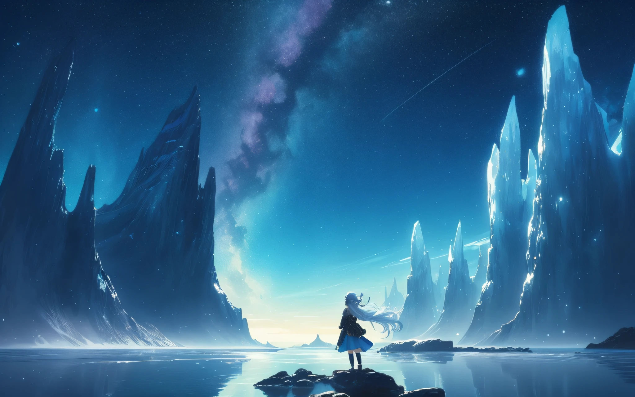 A painting of stars and moons in the river and sky, concept art inspired by Tosa Mitsuoki, pixiv competition winner, best quality, fantasy art, beautiful anime scenes, a round of bright moon, starry sky environment under moonlight, icebergs floating in the sea, aurora, dream painting, anime background art, dream landscape art, fantastic night, anime background, background artwork, fantastic art, starry sky, detail enhancementbluish-silver ponytail, drooping heterochromic iris,
