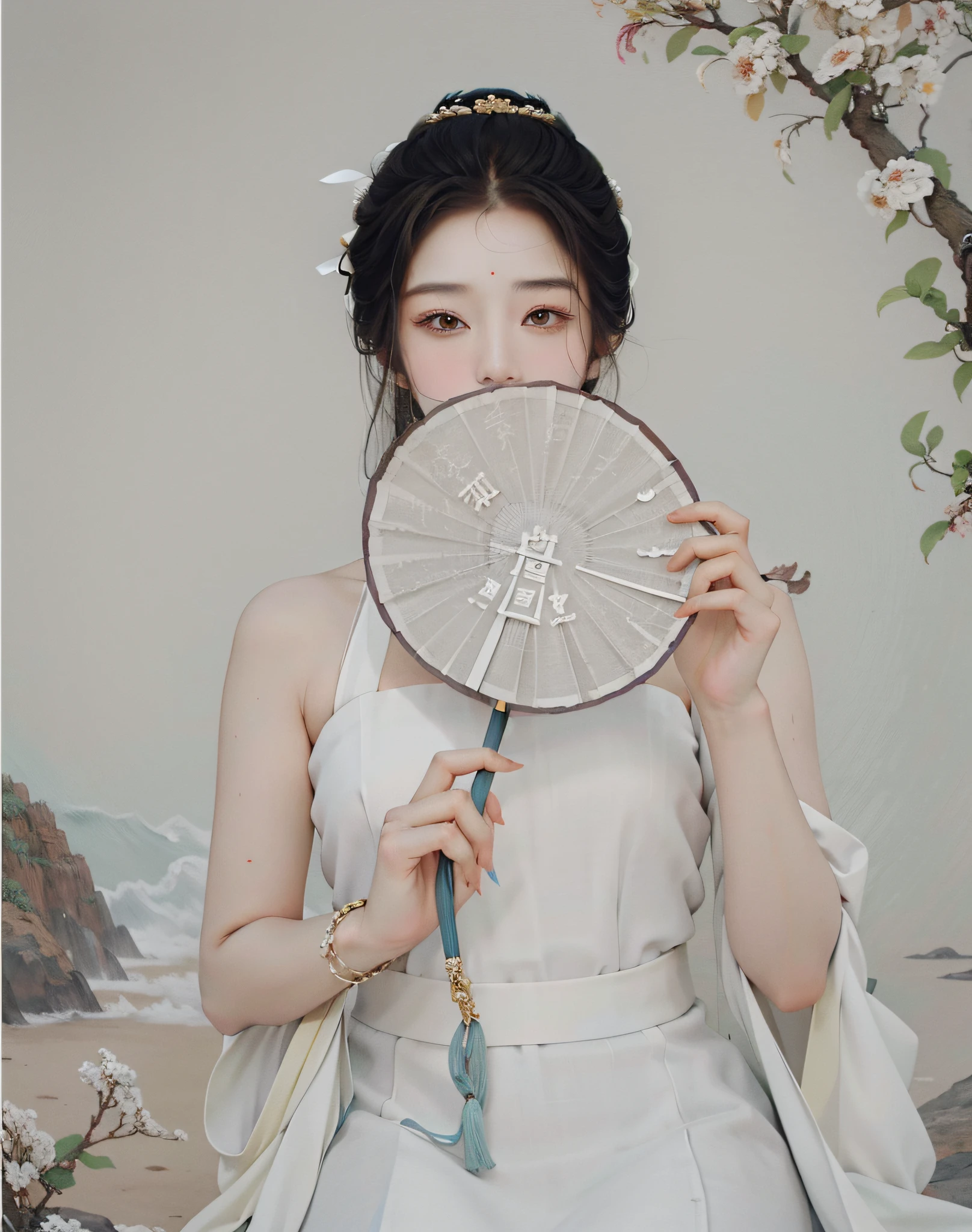 arafed woman in a white dress holding a fan in front of her face, yanjun chengt, mingchen shen, wenfei ye, jinyiwei, qifeng lin, wenjun lin, taejune kim, inspired by Qiu Ying, jiyun chae, inspired by Wen Jia, white hanfu, yun ling, xintong chen