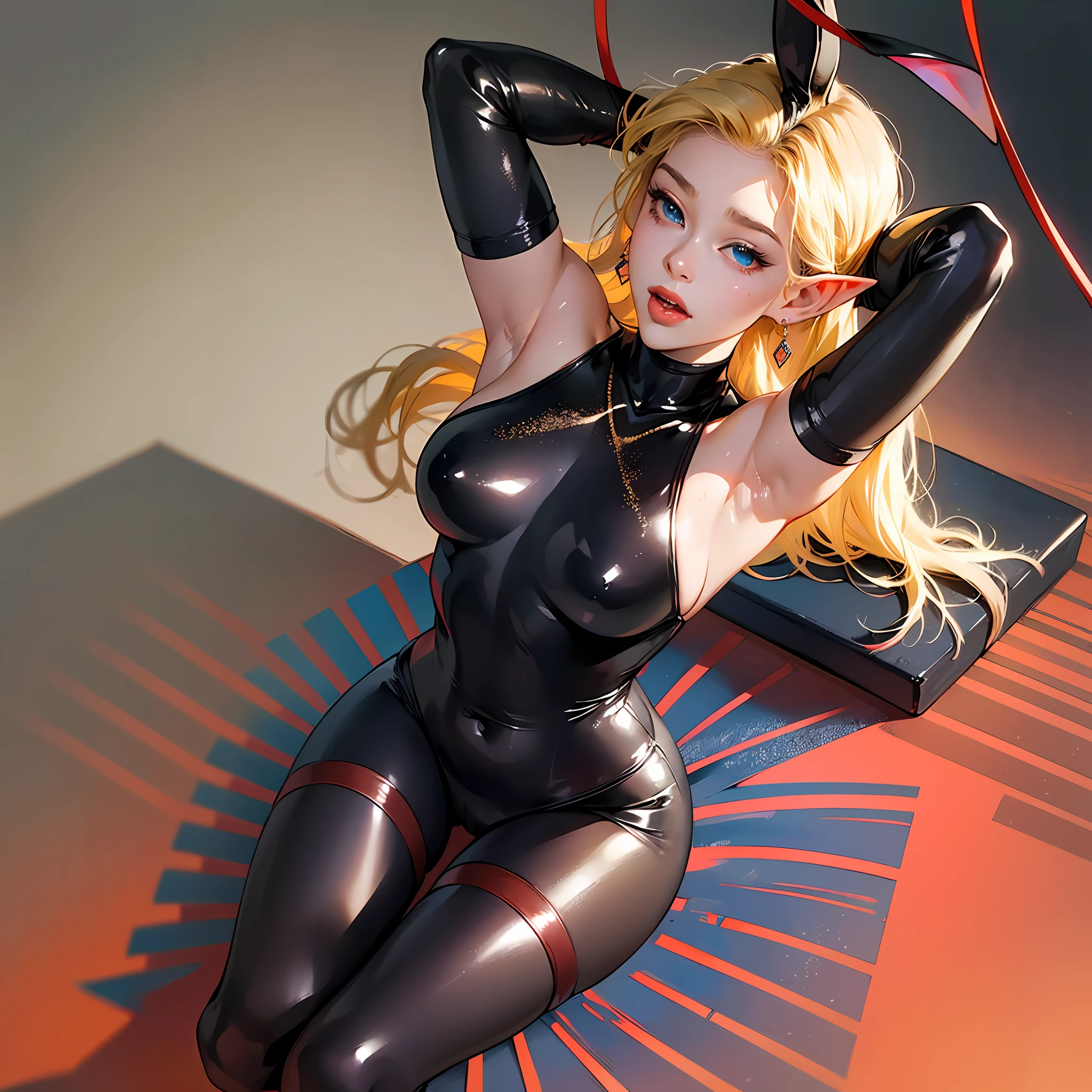 solo,full body,black bodysuit,(arms behind back),shibari,red rope, earrings, rabbit ears, (bound knees:1.4), black pantyhose, View from above, (elf girl), (dark skin), blonde hair, ahegao, tongue out, perfect body, dripping, saliva dripping, lying on back, legs stretched, looking into camera, masterpiece, hyper realistic anime art, leash on neck, (((erotic pose))), seductive, sexy, 1 girl --auto --s2
