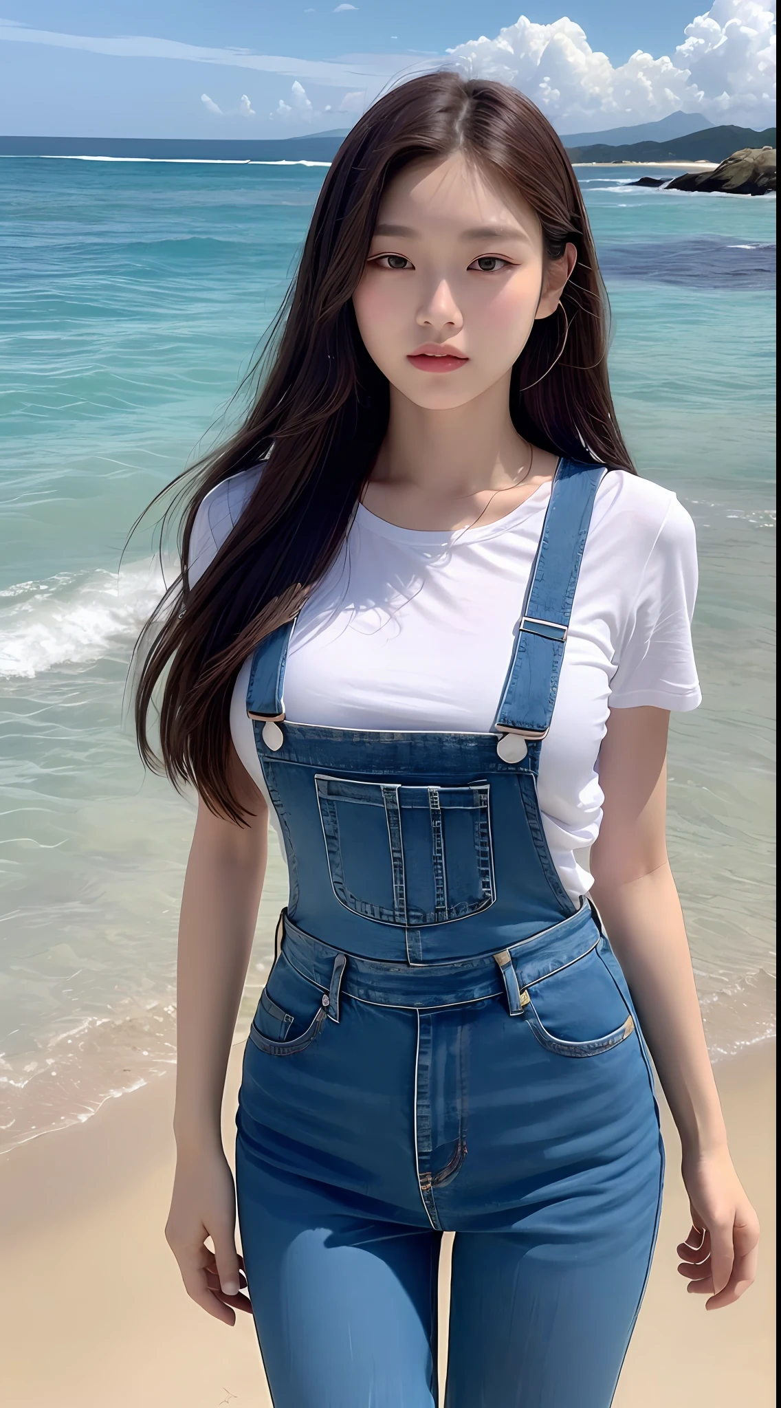 ((Midnight, Acura, 8K, Masterpiece: 1.3)), Full body, Long legs, Focal length: 1.2, Perfect Body Beauty: 1.4, Slim Abs: 1.1, ((Dark Brown Hair, Big Breasts: 1.2 )), (White Skinny T-shirt, Denim Suspenders, Standing: 1.2), ((Beach Night, Ocean: 1.3)), Highly detailed face and skin texture, Detailed eyes, Double eyelids