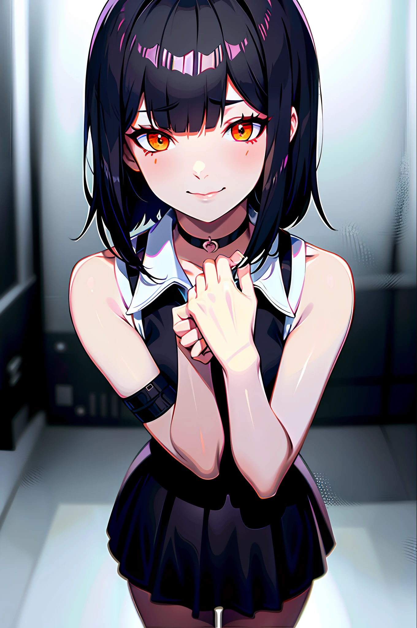 best quality, ultra high res, 1girl, sleeveless white button shirt, black skirt, black choker, cute, (Kpop idol), (aegyo sal:1), (black reverse bob cut, short hair:1), ((orange eyes)), looking at viewer, full body, facing front, dark studio, rim lighting, two tone lighting, dimly lit, low key, zeronis, blurred, blur, beautiful, perfection, trending on ArtStation