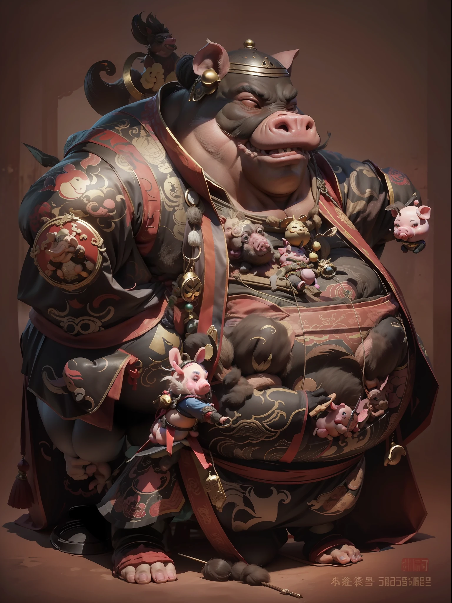 Zhu Bajie, an anthropomorphic pig, the marshal of the canopy in Chinese mythology, a close-up of a cartoon pig with a big belly, an anthropomorphic warrior anthropomorphic pig, wearing fairy costumes, holding a nine-toothed nail rake, anthropomorphic pig's head, costumed in traditional Chinese cultural clothing