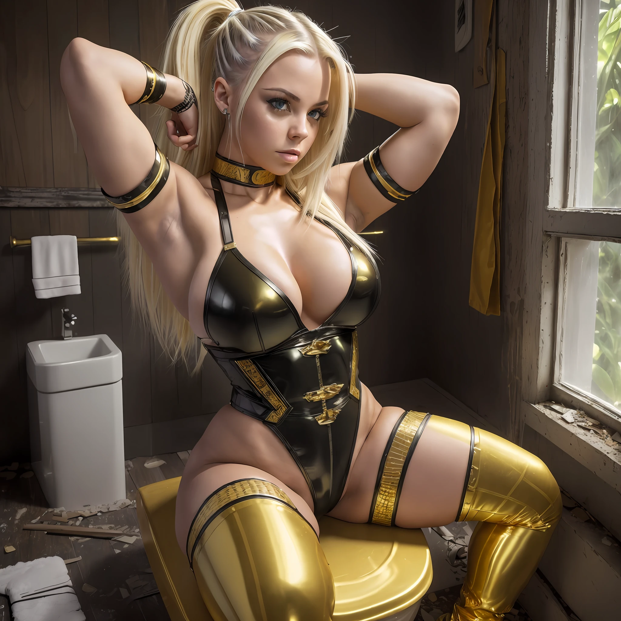 photo of Liv Morgan, WWE female wrestler, RAW, (brightness: darkness, dimly lit), (hairstyle: chunky blonde, highlights long layers), (sitting on the toilet), (in abandoned house), (shaved armpits), (gold colored latex wrestler uniform), ((huge cleavage)), (full body:1), sexy figure, (big ass:1), (masterpiece), (perfect proportion), (realistic photo), (best quality), (detailed), (16k), (HDR) (wallpaper) (cinematic lighting) (sharp focus) (intricate) --auto --s2