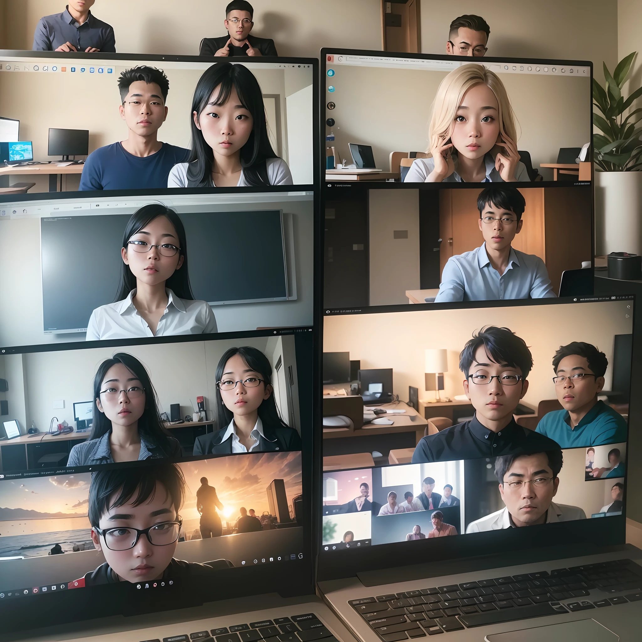 A captivating photograph capturing students from different parts of the world connecting virtually and collaborating on an educational project. The photograph showcases a diverse group of students sitting in front of their computers, engaged in a video conference call, with each student's face visible on their respective screens. The composition highlights the cultural diversity and the power of technology in fostering global collaboration, Photography, wide-angle lens (24mm), --ar 16:9 --v 5 --auto --s2