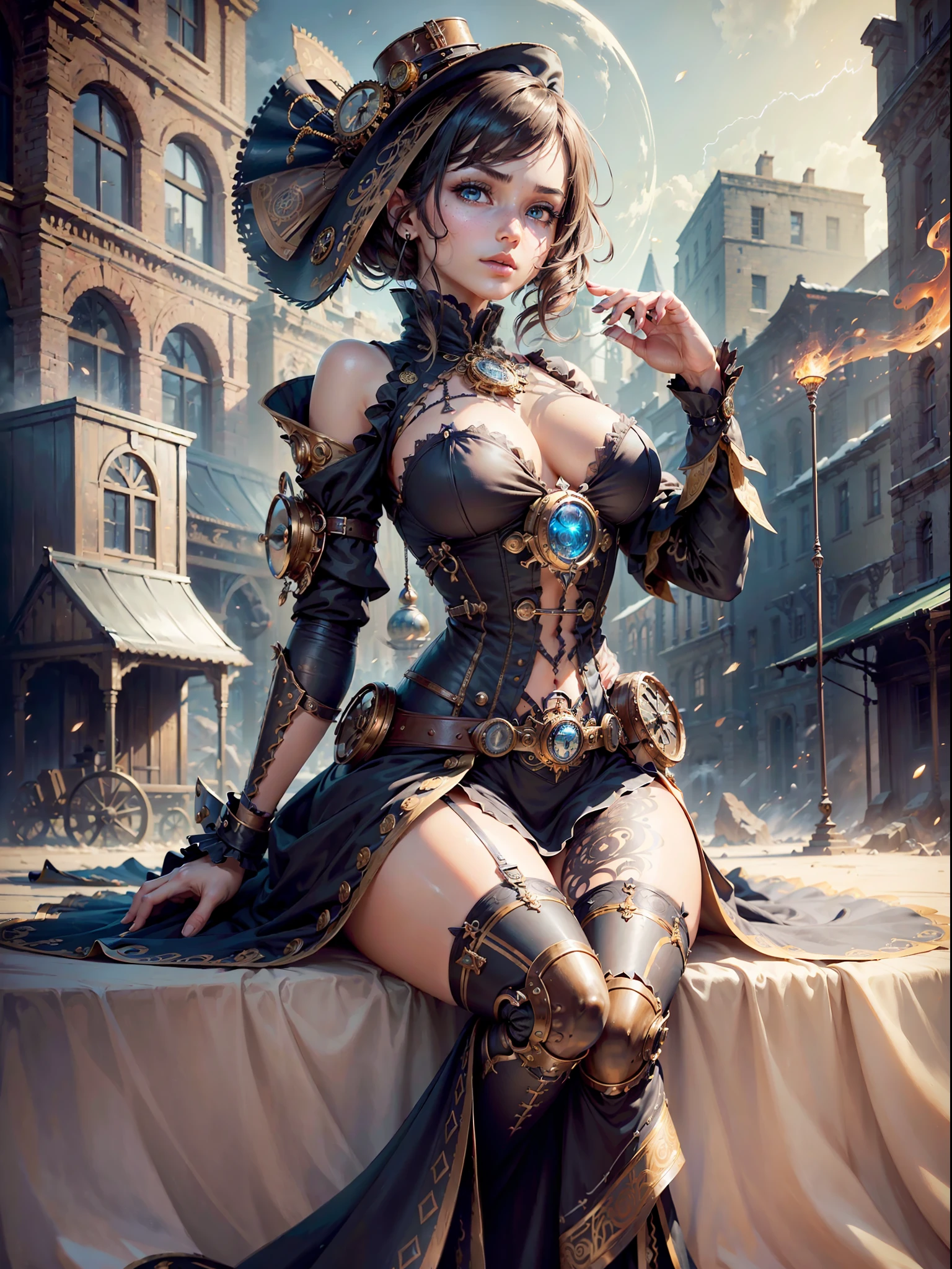 (skindentation:1.5), Realistic, Photorealistic, (masterpiece:1.5), concept art, intricate details, highly detailed, photorealistic, octane, 8k, unreal engine, dynamic pose, best quality, high resolution (realistic face: 1.1), (hyperrealistic: 1.1), ((cuerpo_completo)), perfect eyes, (shiny skin: 1.2), (((perfect hands))), (extremely detailed background), ((dynamic background), ((steampunk)), ((1girl)), layered, (((fluid layer))), ((detailed eyes, high quality eyes, face high quality)), (extremely intricate robes),), sparks, smoke, ((dramatic)), epic, battlefield, depth of field, bokeh, 4k, gothic, embers, particles, (((steampunk clothing,))),(best quality: 1.3), (masterpiece: 1.1), (illustration: 1.2), (ultra detailed: 1.2), beautiful detailed eyes, (gothic: 1.2), (extremely detailed background: 1.1), (inclined: 1.3),(rear:1.2),rear-facing, (rear elevation:1.2),(near top:1.3), ,(wariza:1.2),(sitting:1.3) (1girl:1.3),(only:1.3),full body, back trimming, clothing trimming,