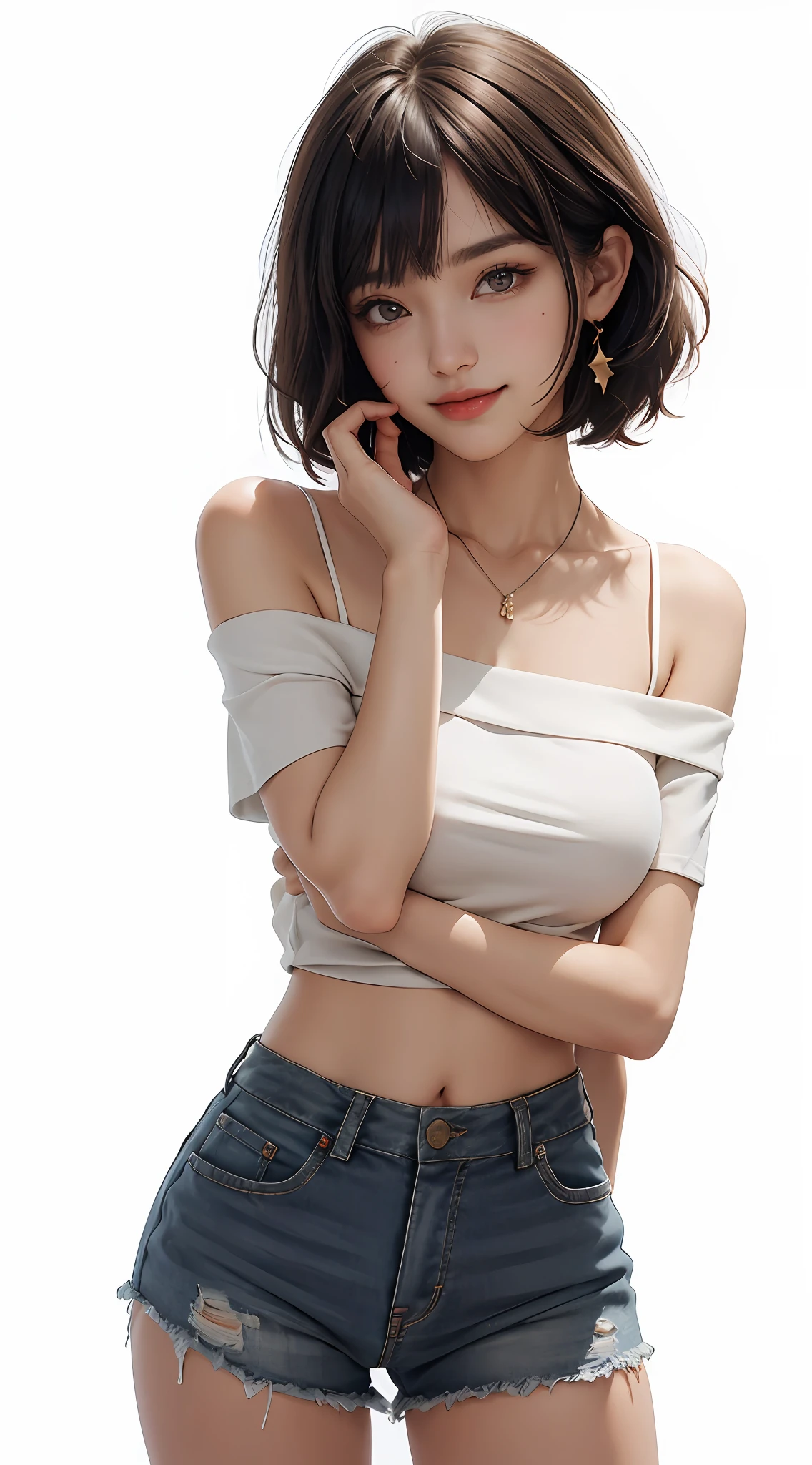 (Top Quality, 8k, Masterpiece: 1.3), Pretty Woman with Perfect Figure: 1.4, Dark Brown Hair, Wearing Pendant, Torn Shorts, Off Shoulder, Highly Detailed Face and Skin, Detailed Eyes, Double Eyelids, Best Quality, Masterpiece, (Photorealistic: 1.4), One Woman, Golden Ratio, Upper Eyes, Perfect Face, Beautiful Figure, Pretty Face, Zoom In on Face, Short Bob, Short HairSmile from different angles, smile, gloss, highlight, gloss, glossy on skin, glossy on skin, bangs, cute smile, teeth, bust, refreshing charm, elegant, perfect hands, smile, shiny, glossy skin, bangs, refreshing charm, ears, gaze to the camera, poses from various angles, masterpiece, highest quality, (fidelity, fidelity: 1.37), 8k, very sophisticated and beautiful, stunning, fine details, ridiculous, huge file size, very detailed, beautiful detailed woman, very detailed eyes and face, beautiful detailed eyes, clear double, big eyes, light on face, one woman, gray hair, (perfect female figure), thin waist, (charming monkey: 1), full body, uniform, plaid skirt, collared shirt, bare arms, abdomen, unbuttoned, bangs, short bob hair, skin luster, Female expression, smiling, overwhelming charm, ears, no lights, white background, light background, gloss on skin, gloss on face, gloss on chest, 2 arms, 5 fingers, very fine arms, very fine hands
