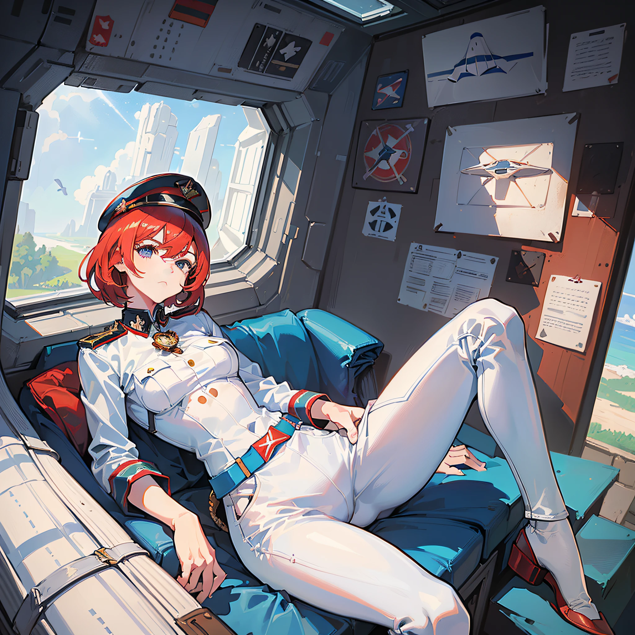 ((Masterpiece)), ((Best Quality)), ((Best Quality)), (Illustration of a Girl), Full Body, Short Red Hair, (Thin Hair Hanging On Both Sides of Face), Blue Eyes, (((Tall)), Muscular Strong Body, Manspreading, (((Military Uniform)), (Military Hat)), (White Clothes), (White Pants), (White Hat), ((Inside the Spaceship)), (Outside the Window, Space)