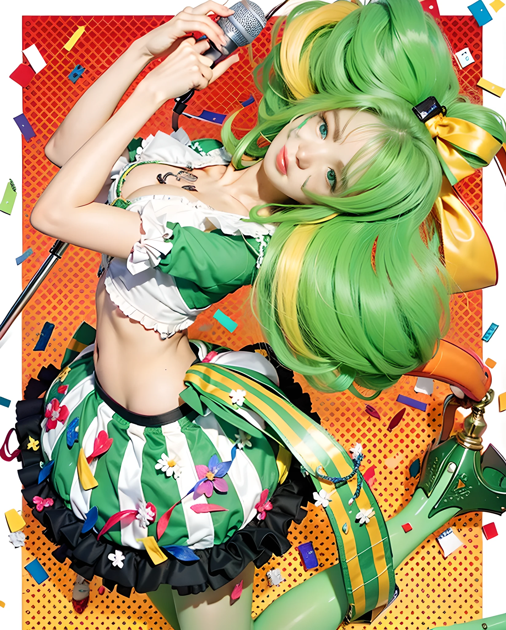 (female:1.2) (bodybuilder:0.8), hyper realistic, masterpiece, photorealistic, real skin, detailed face, detailed skin, detailed lighting, 1girl, (green eyes), long hair, curly hair, green hair, (yellow gradient hair) , half hair, multiple colour hair, hair bow, large breasts, midriff, smile, open mouth, skirt, frills, green legwear, green footweae, holding microphone, necktie, solo, amazing pose