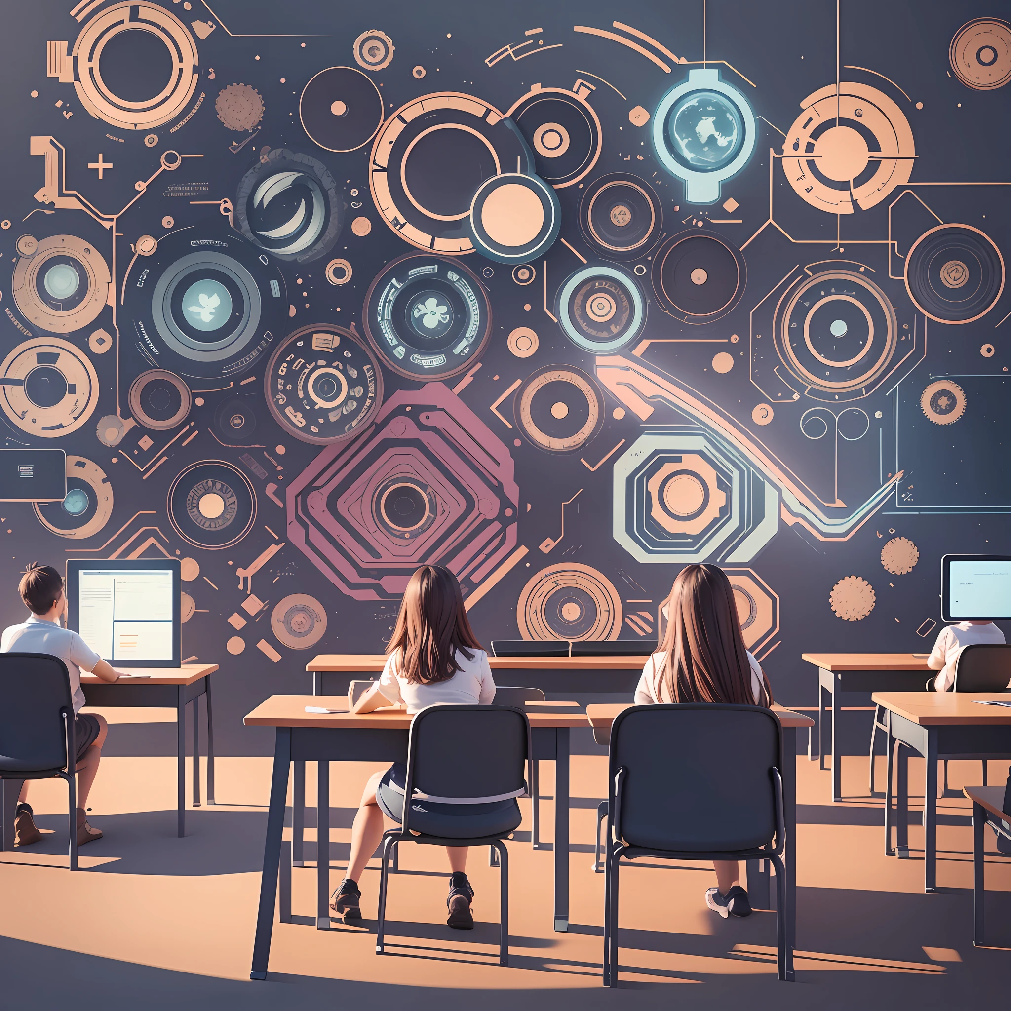An imaginative illustration representing the merging of the physical and digital worlds in an educational setting. The illustration showcases a hybrid classroom environment with traditional elements like desks and blackboards, alongside futuristic holographic displays and interactive touchscreens. The students are depicted actively engaging with digital content, symbolizing the seamless integration of technology into the learning process, Illustration, digital art, --ar 9:16 --v 5 --auto --s2