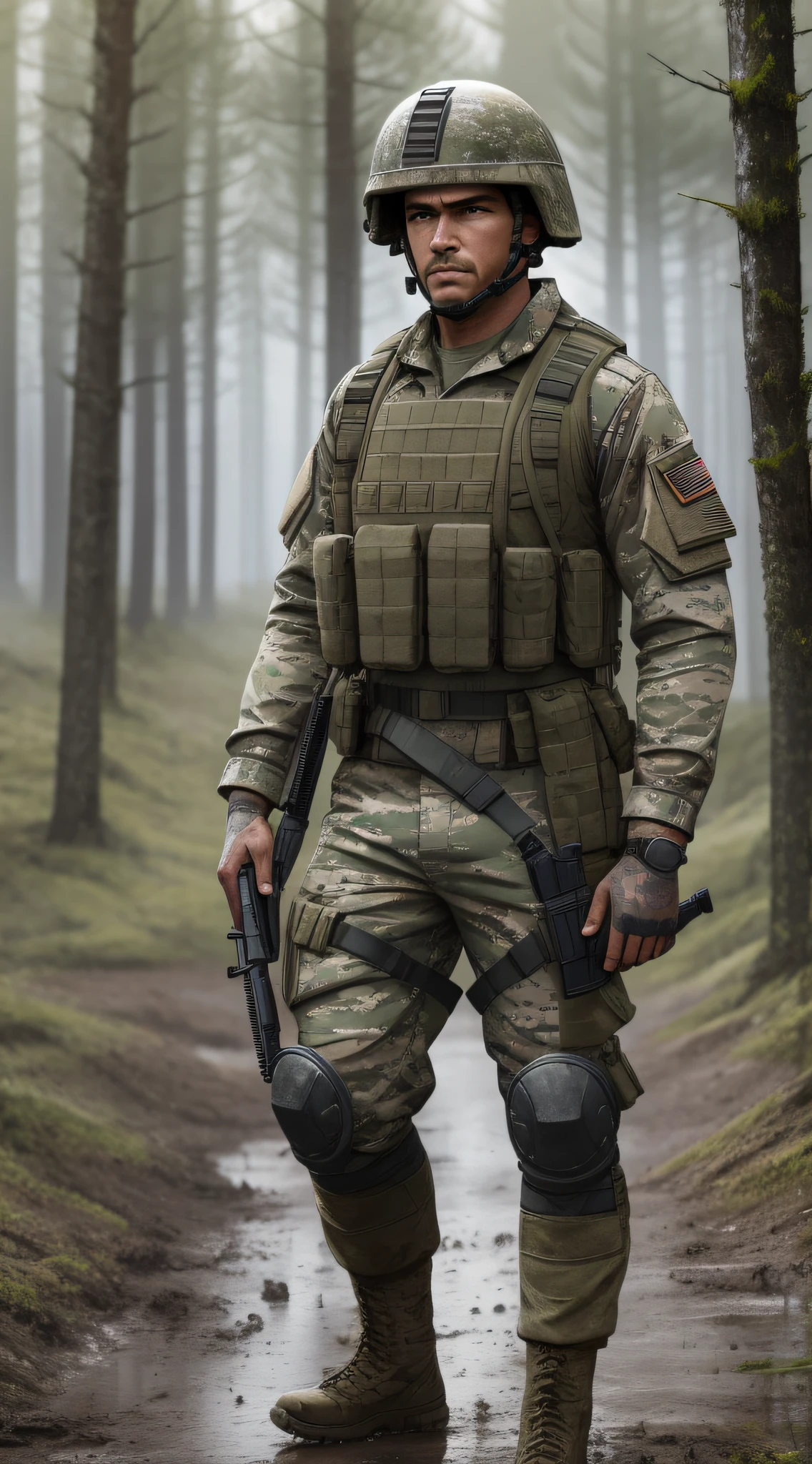 war soldier, (full body), with muddy clothing and a cold and gloomy look in his eyes, on a military base in the middle of the forest, Social realism, Realism, ray tracing, reflection light, high quality, high details, super detail, 8k, 16k, best quality --auto --s2