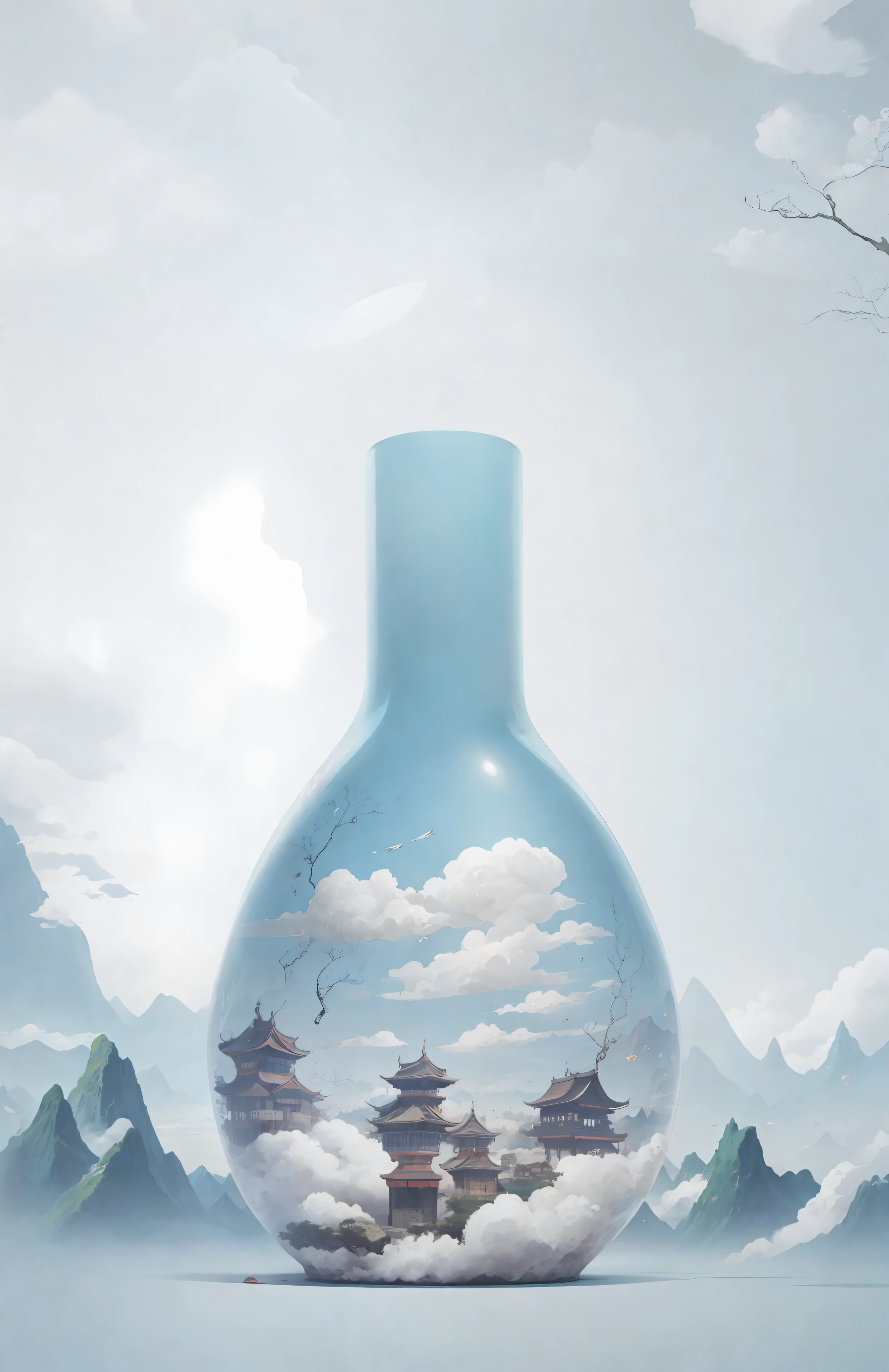 Sky background wine bottle close-up, poster illustration, Chinese surrealism, poster, inspired by Xiao Yuncong, designed by Cheng Jiasui, exquisite imaginative poster art, designed by Xia Gui, surreal, poster design, beautiful movie poster, surreal design, Xia Chang, illustration poster, Xia Yong, Japanese inspired poster, inspired by Pan Tianshou