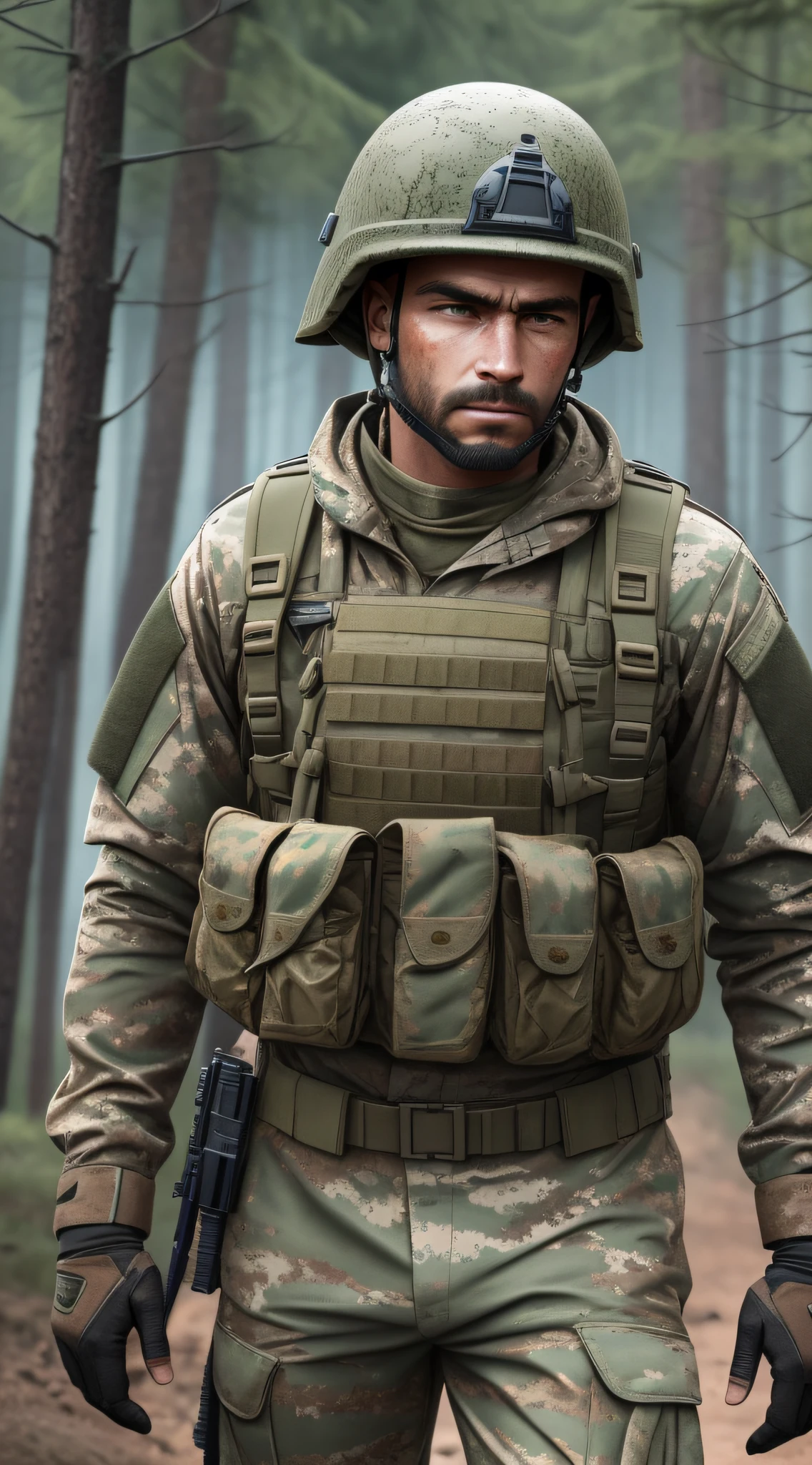 war soldier, (full body), with muddy clothing and a cold and gloomy look in his eyes, on a military base in the middle of the forest, Social realism, Realism, ray tracing, reflection light, high quality, high details, super detail, 8k, 16k, best quality --auto --s2