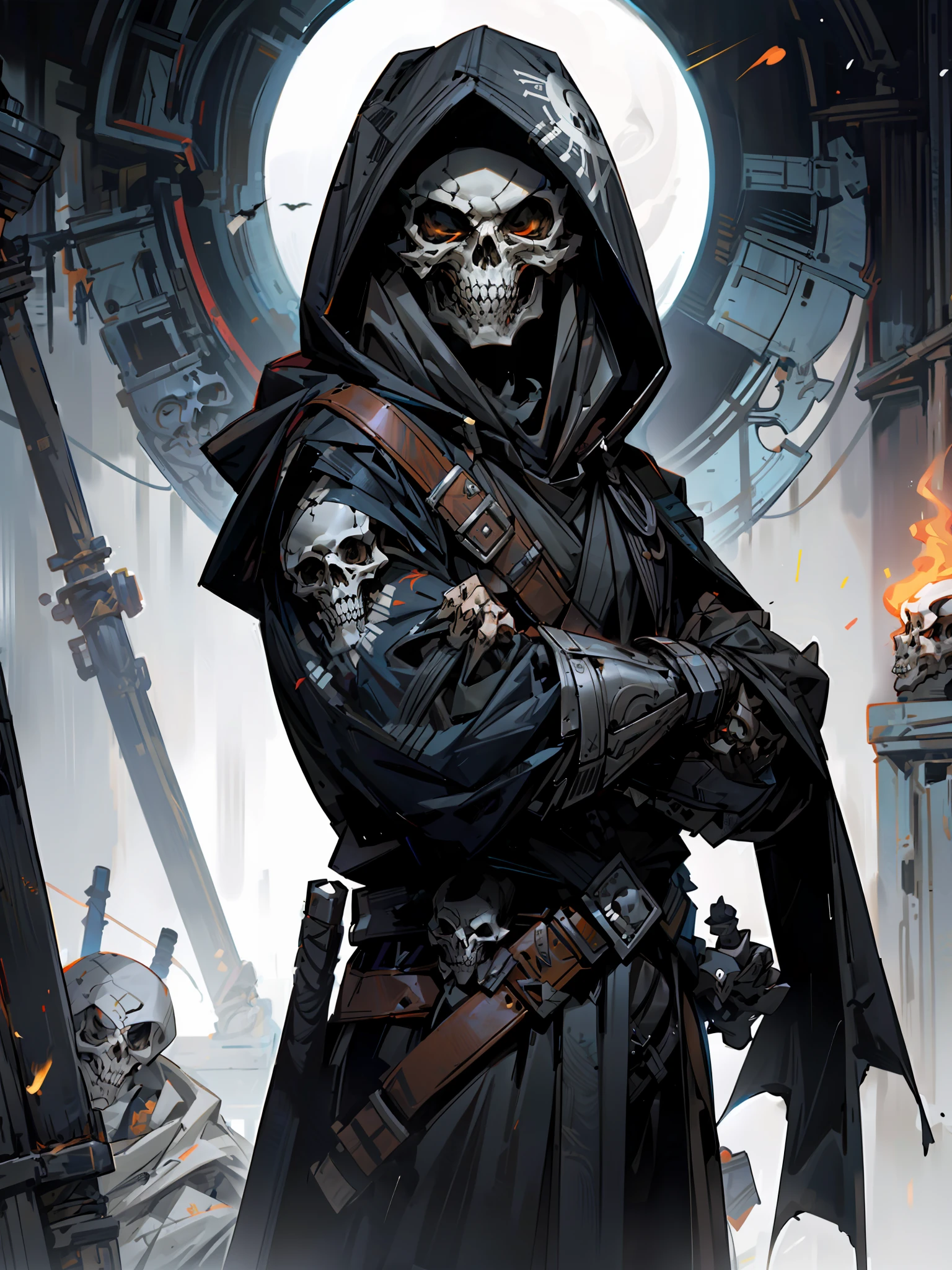 hood, skull, skeleton, solo, 1boy, male focus, fire, robe, hood up, cloak, upper body, copyright name, black background,skull face,skull tattoo on facezdeath,soul,soul reaper , holding a syth,syth welder,no visible face, full armor