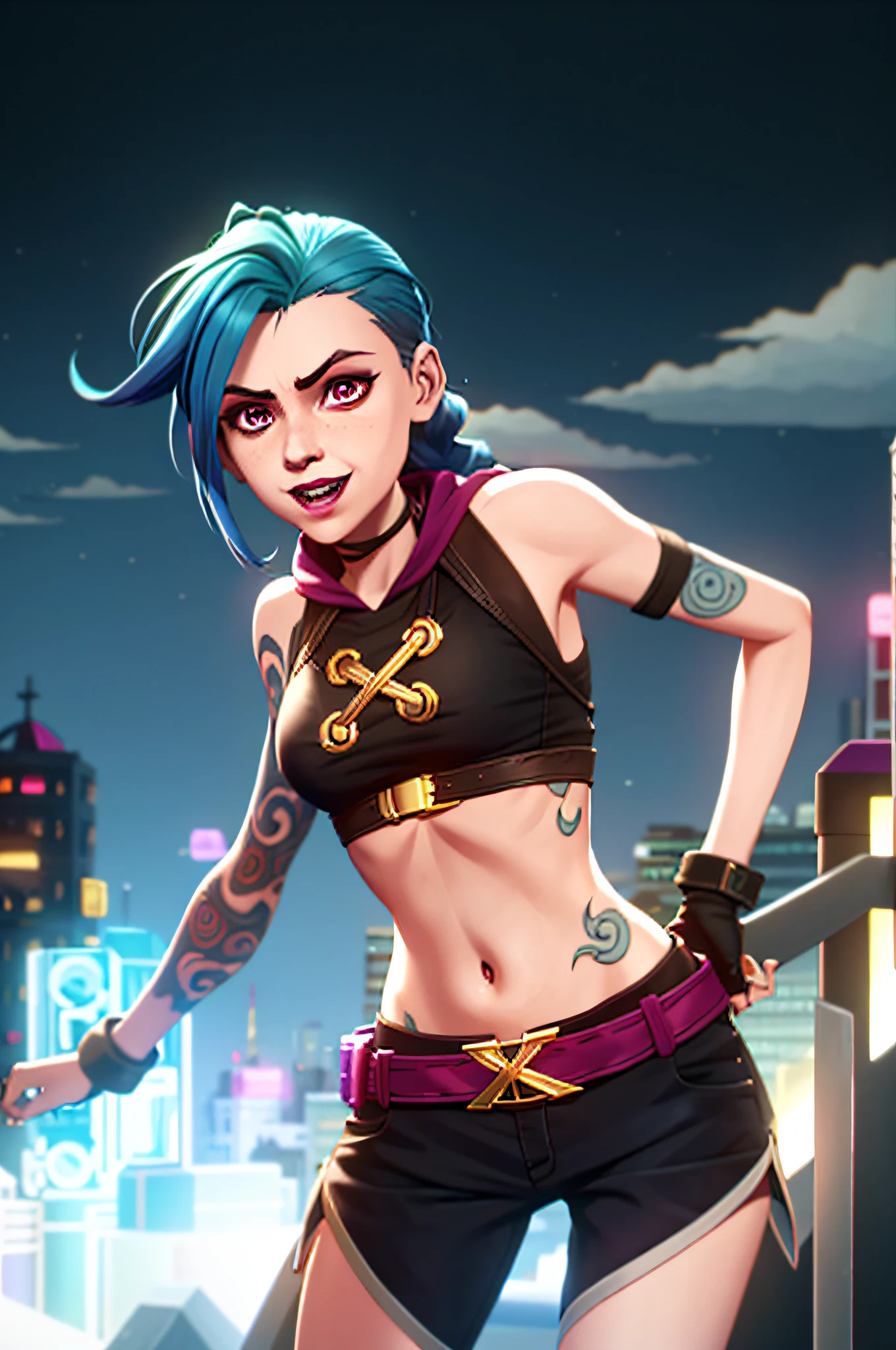 arcane style,

1girl, arm tattoo, asymmetrical bangs, bangs, blue hair, braid, brown shirt, cloud tattoo, looking at viewer, laughing, crazy, uncontrollable laugh, mad look, night, city, green hair, long hair, midriff, pink eyes, red lips, shirt, solo, standing, tattoo, twin braids, upper body, arcane jinx, jinx \(league of legends\)